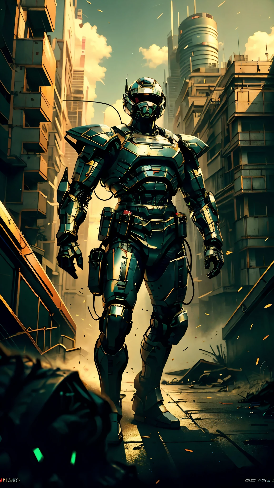 A man wearing a full-face helmet, a fantasy-style biotech armored combat suit, green eyes, (a composite layered chest armor), fully enclosed shoulder guards, matching arm and leg guards, the belt is adorned with exhaust pipes, (the color scheme is primarily black glow with green and red accents), the design balances heavy with agility, a high-tech bio-mecha armor, (Armor Concept Inspired by Cyberpunk motorcycle, stand on the top of a skyscraper in a futuristic sci-fi city), this character embodies a finely crafted fantasy-surreal style armored hero in anime style, exquisite and mature manga art style, (battle damage, element, plasma, energy, the armor glows), ((male:1.5)), metallic, real texture material, dramatic, high definition, best quality, highres, ultra-detailed, ultra-fine painting, extremely delicate, professional, perfect body proportions, golden ratio, anatomically correct, symmetrical face, extremely detailed eyes and face, high quality eyes, creativity, RAW photo, UHD, 32k, Natural light, cinematic lighting, masterpiece-anatomy-perfect, masterpiece:1.5