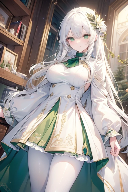 (best quality:1.3), (masterpiece:1.3), (illustration:1.3), (ultra-detailed:1.3), (imid shot:0.9), 1girl, ((white hair)), large breasts, ((green eyes)), light smile, coat, tall, mature, long hair, hair ornaments, indoors, pantyhose, green turtleneck sweater, open white coat, open clothes, long sleeves, lab coat,