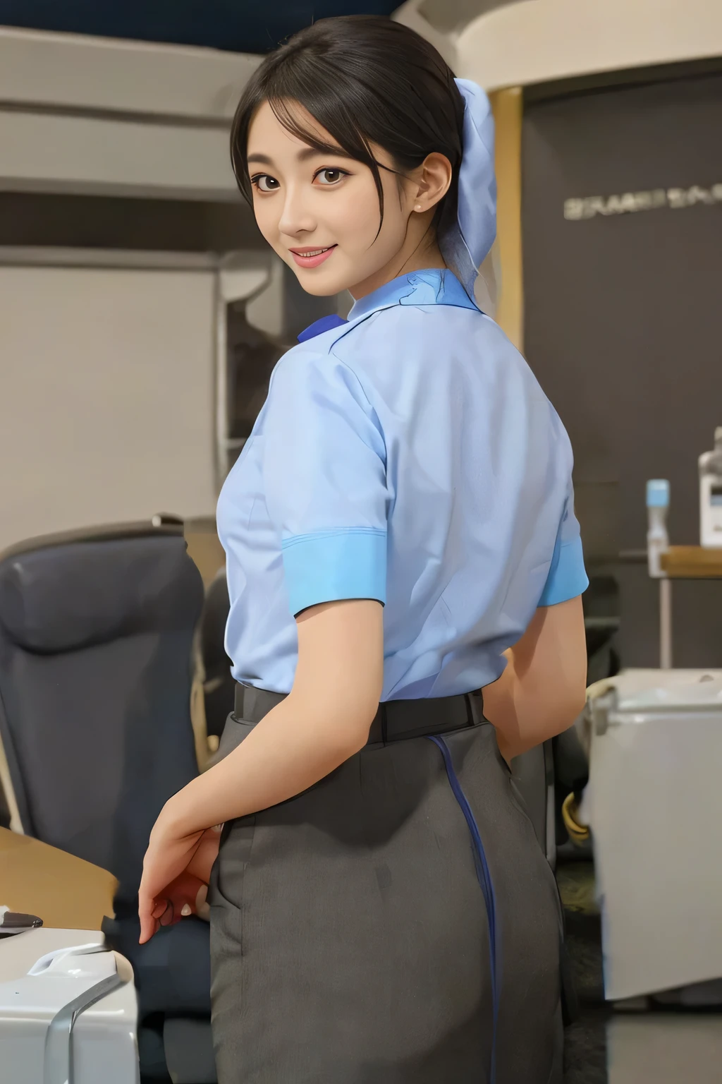 （ANA cabincrew uniform）、（Short sleeve light blue blouse）、（Scarf around the neck）、（Long hair updo、Chignon）、Young Asian Woman、smile