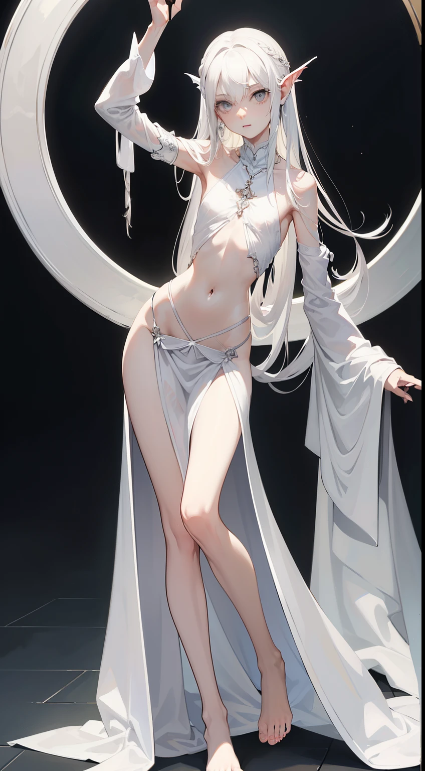((best quality)), ((masterpiece)), (detailed), perfect face, Character design, female, long white grey hair, wearing a white angelic dress, grey white eyes, small frame, very skinny, detailed, best quality, no accesoires around the neck, no shoes, prominent collarbones, skinny arms, flat stomach, visible hip bones, full body, vampire