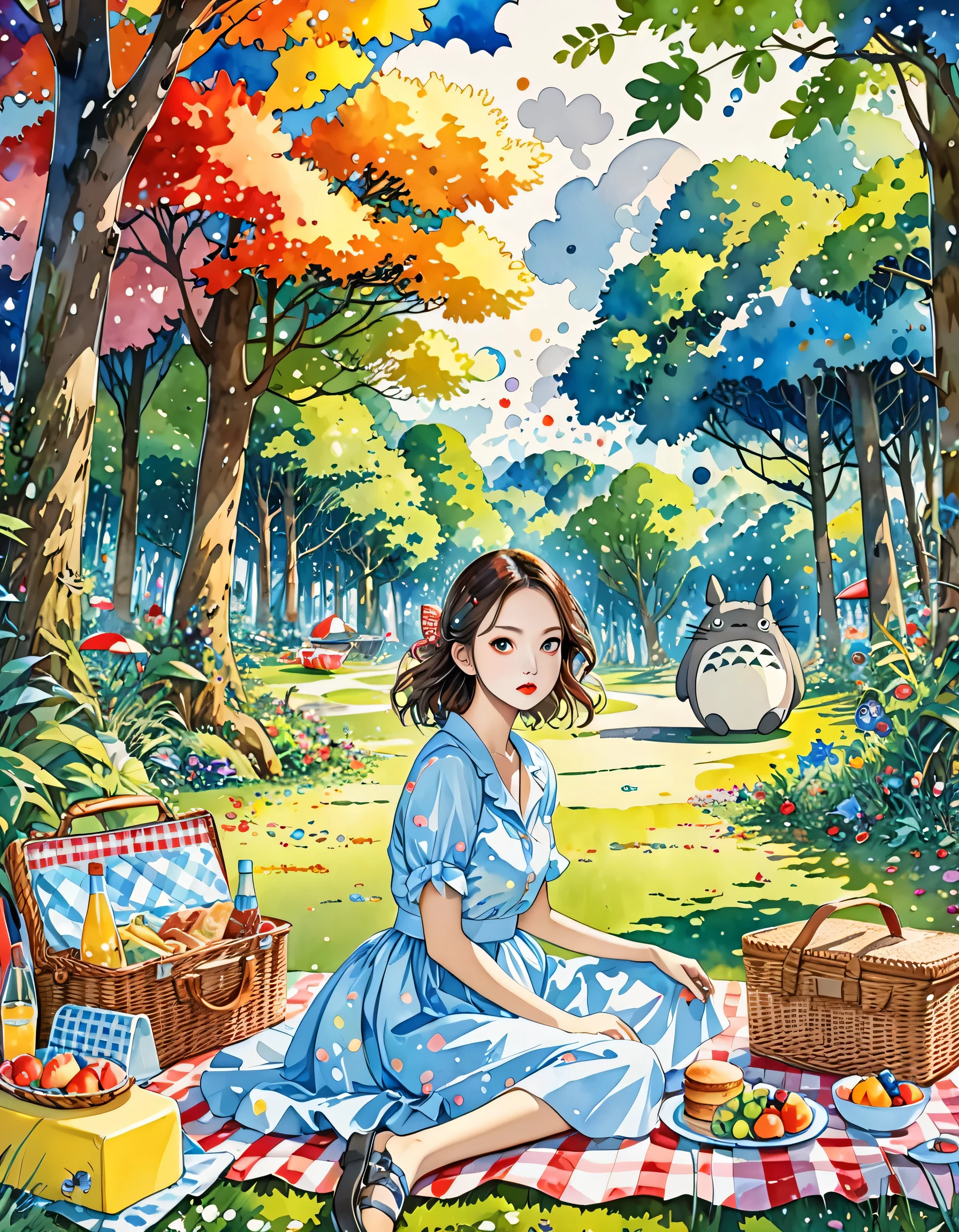 Takashi Murakami Style、(((stylish fashion))), 8K Quality、Intense watercolor, Detailed watercolor art, Watercolor splash, Surreal, avant-garde pop art, Beautiful and expressive paintings, Beautiful artwork illustration, Very colorful tones, wonderful, Cool beauty, highest quality、Official Art, Vector art, Stylish design, (((The most beautiful girl))), (((picnic))), (((highest quality))), HDR, ((detailed)), (((Doodle Art)), ((masterpiece)), ((Super detailed)), (((Stylish))), (Totoro Forest)