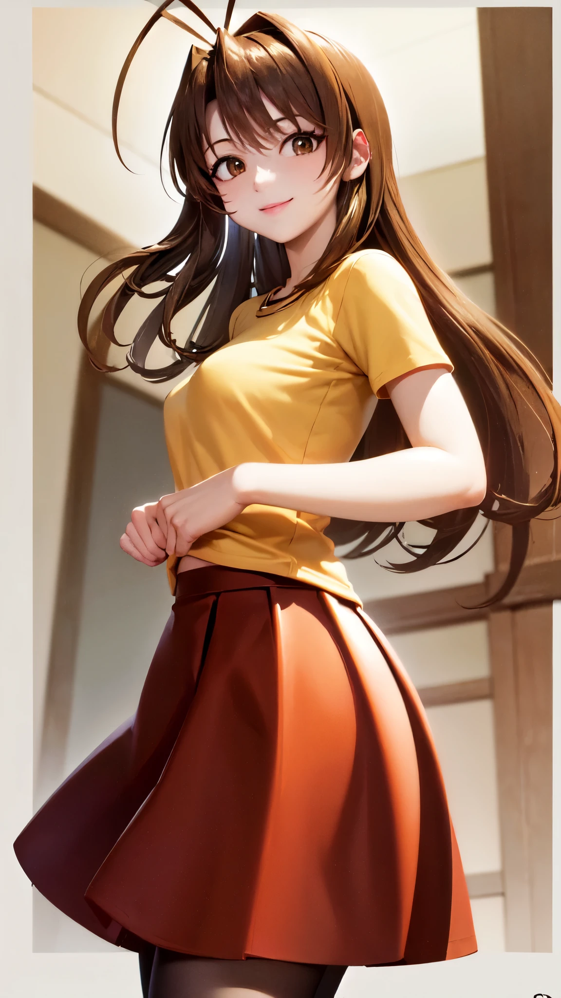 (masterpiece, best quality:1.2), cowboy shot, solo, 1girl, narusegawa naru, smile, looking at viewer, antenna hair, yellow shirt, short sleeves, red skirt, pantyhose