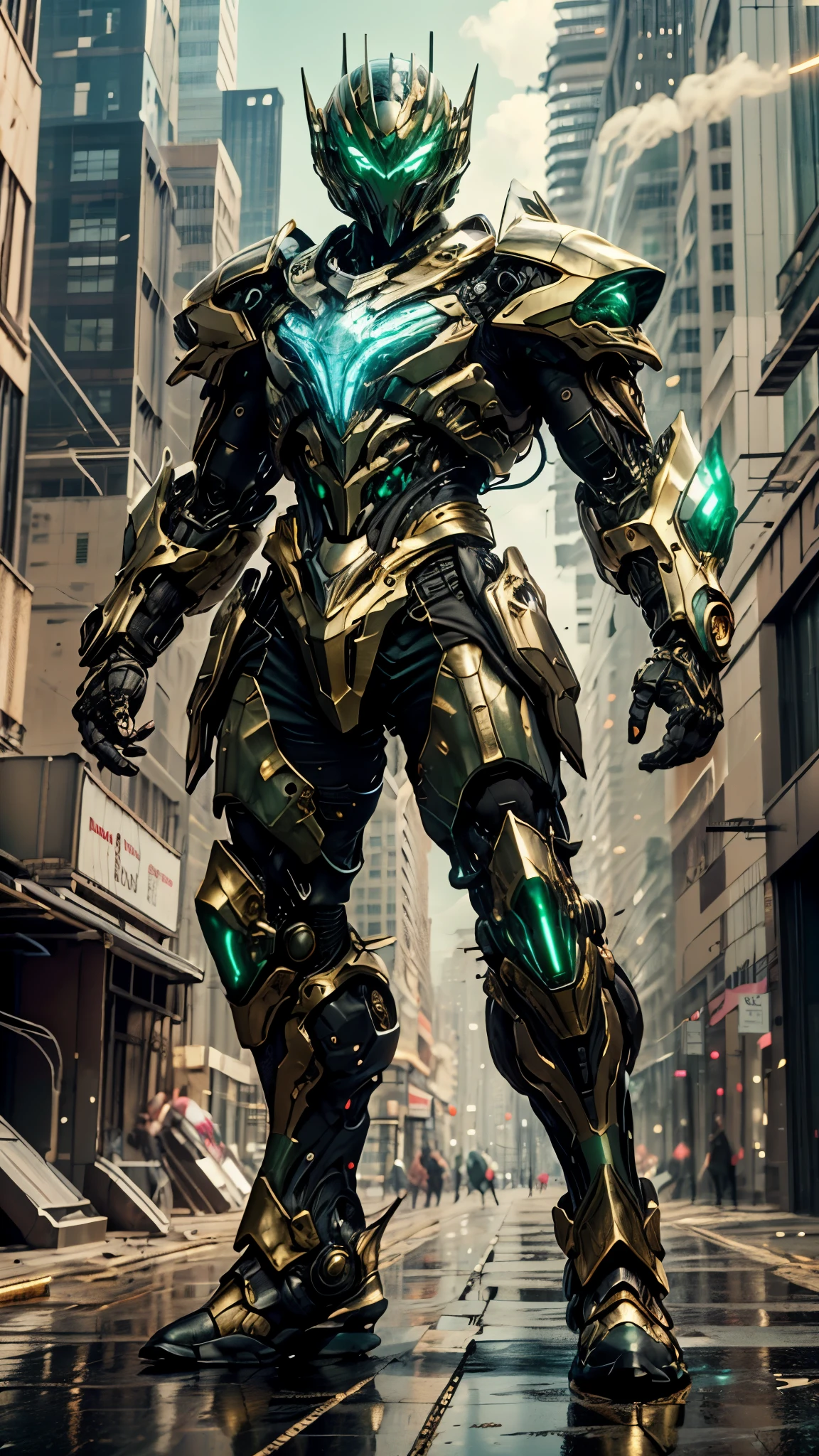 A man wearing a full-face helmet, a fantasy-style biotech armored combat suit, green eyes, (a composite layered chest armor), fully enclosed shoulder guards, matching arm and leg guards, the belt is adorned with exhaust pipes, (the color scheme is primarily black glow with green and red accents), the design balances heavy with agility, a high-tech bio-mecha armor, (Armor Concept Inspired by Cyberpunk motorcycle, stand on the top of a skyscraper in a futuristic sci-fi city), this character embodies a finely crafted fantasy-surreal style armored hero in anime style, exquisite and mature manga art style, (battle damage, element, plasma, energy, the armor glows), ((male:1.5)), metallic, real texture material, dramatic, high definition, best quality, highres, ultra-detailed, ultra-fine painting, extremely delicate, professional, perfect body proportions, golden ratio, anatomically correct, symmetrical face, extremely detailed eyes and face, high quality eyes, creativity, RAW photo, UHD, 32k, Natural light, cinematic lighting, masterpiece-anatomy-perfect, masterpiece:1.5