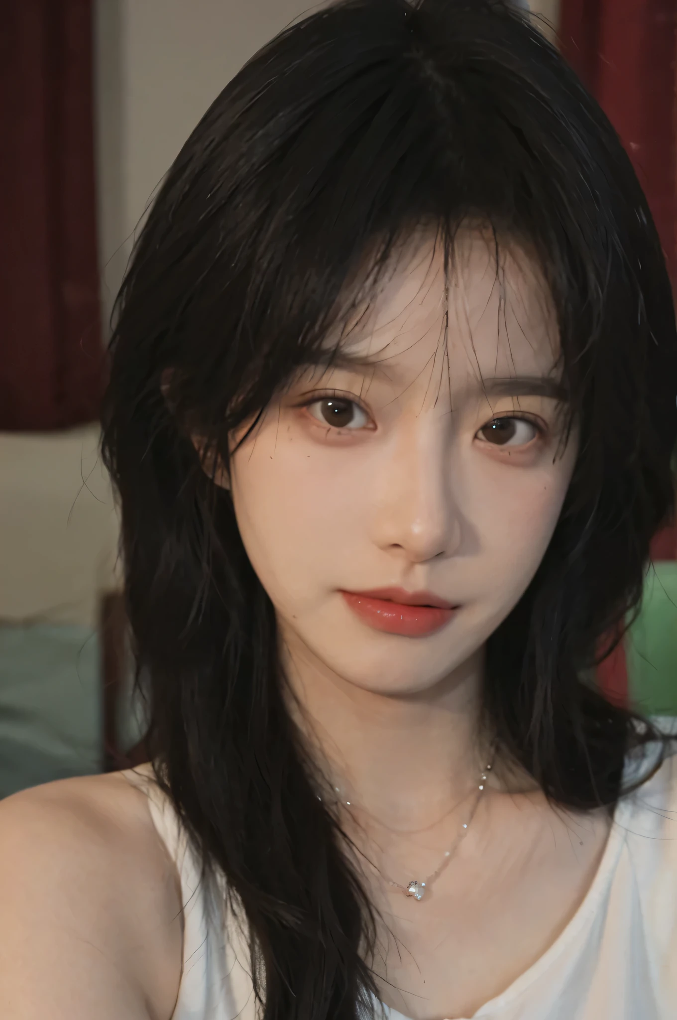 Film Portrait Photography, masterpiece，(Reality:1.4)，(Selfie Angle)，Beautiful and delicate face，1 girl, Bare shoulders,lipstick， Wear a necklace，Cute expression,Exquisite makeup，Suspenders，serene, calm, (Realistic and detailed eyes, Natural skin texture, Realistic facial details), Soft dramatic lighting, Depth of Field, Bokeh, Vivid details, Detailed and detailed, Surrealism, 35 mm film, hazy, best quality,