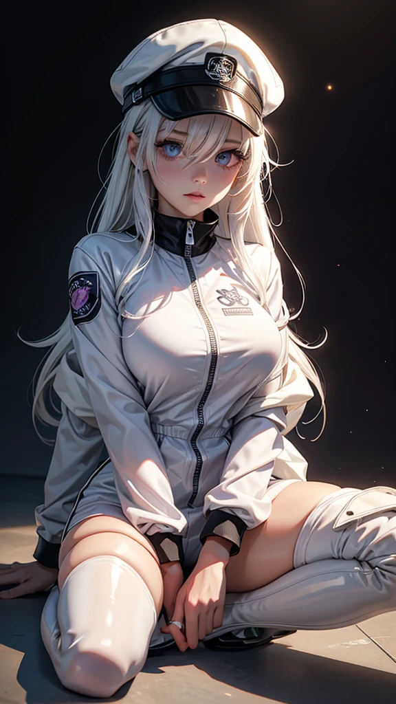 masterpiece, best quality, 4k, UHD, mishoujo, beautiful eyes and detailed face, illustration, beautiful detailed, high resolution illustration, glowing_white_particles, 1girl, white hair, light purple eye, hair over one eye, short side tail, baseball cap, expressionless, black latex jumpsuit, black jacket, black thigh high boots, sitting on the floor 