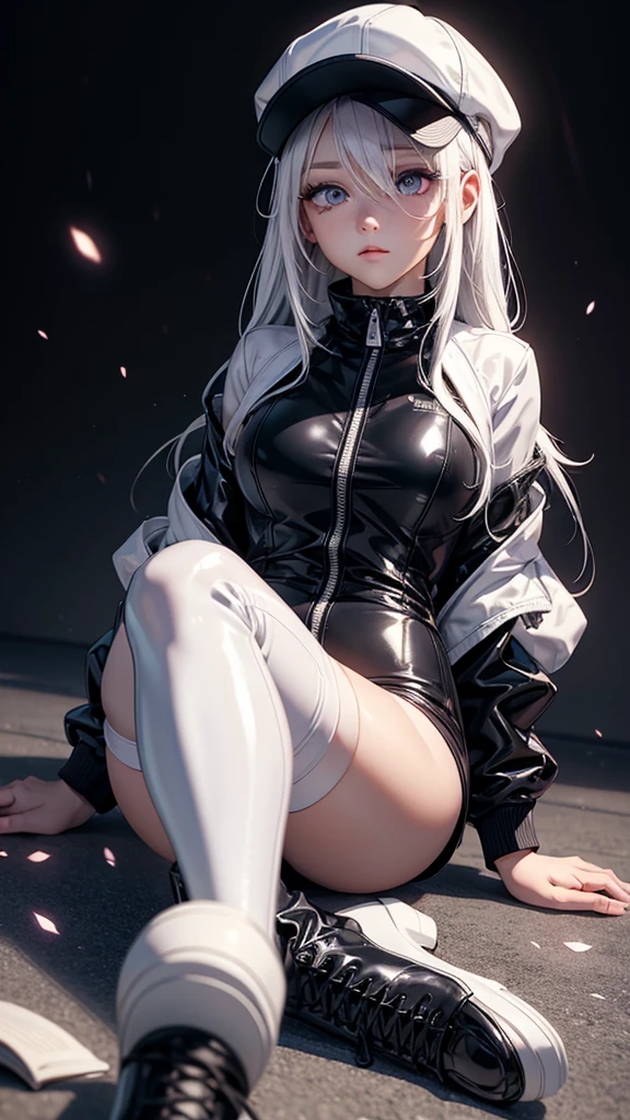 masterpiece, best quality, 4k, UHD, mishoujo, beautiful eyes and detailed face, illustration, beautiful detailed, high resolution illustration, glowing_white_particles, 1girl, white hair, light purple eye, hair over one eye, short side tail, baseball cap, expressionless, black latex jumpsuit, black jacket, black thigh high boots, sitting on the floor
