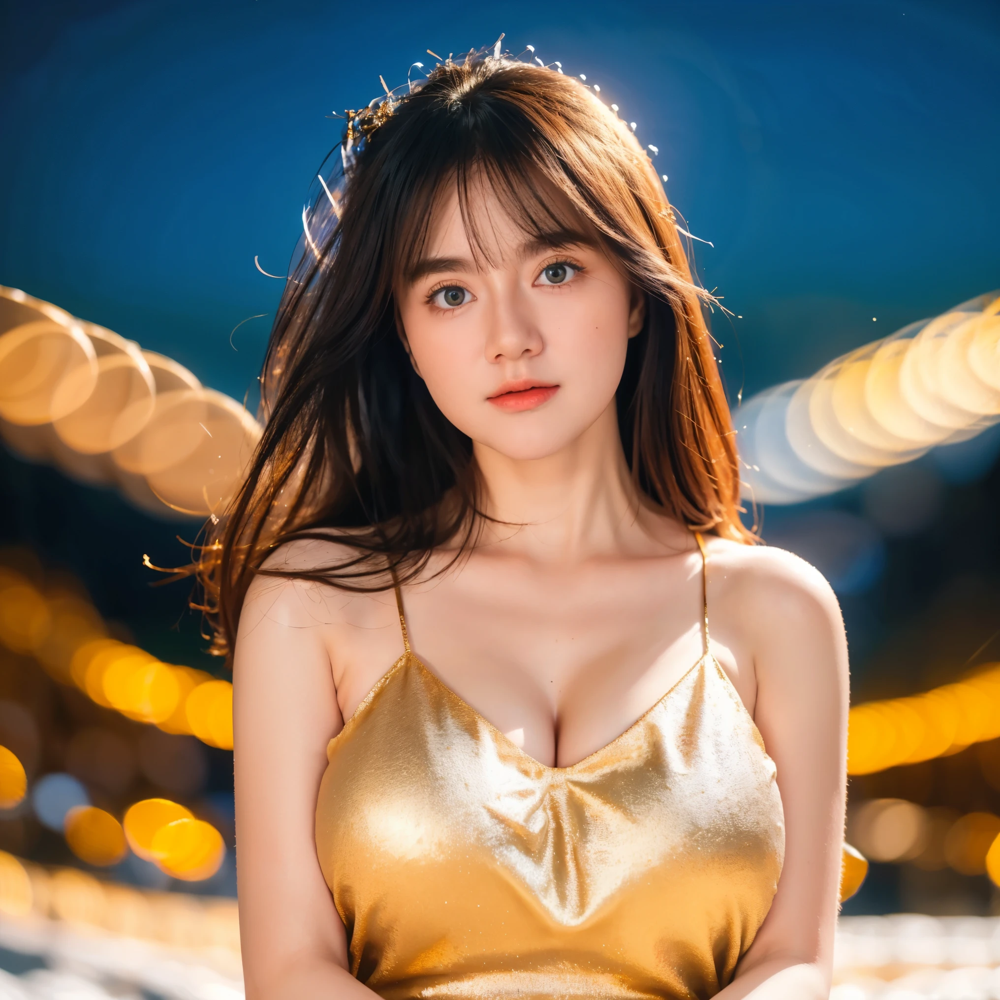 Adorable , Gorgeous , Beautiful , Russian  , Huge Round Colossal Chest , 30 Years Old , White Skin , Slip Dress , Top of The Mountain Background , Wind , ((Bokeh:1.1)) , Blue Eye , ((White-Gold Coloured)) , ((Night:1.3)) , Standing Pose , HDR , Ultra Detailed , EF 24-70mm f/2.8L II USM