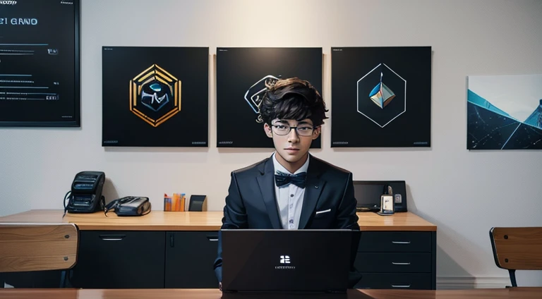 A teenage boy wearing a blazer sits confidently facing forward. In front of him is a desk with an open laptop, as if he is creating educational content. The boy has a serious yet friendly expression, reflecting a professional but relaxed atmosphere.

The background features market charts, adding a dynamic and informative touch. On the walls, there are photos or acrylic artworks related to cryptocurrency and blockchain themes, such as Bitcoin and Ethereum logos, and other visuals representing blockchain technology. This decor enhances the modern workspace environment and strongly connects to the world of crypto and technology.