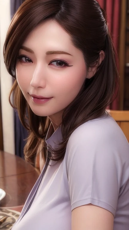 sakiokuda_united states of america, Mature Woman, ((Mature Woman)), Big Breasts, Mature makeup, Pronounced cheekbones, Black eyeshadow, eyelash, Detailed face, Fine grain, Attractive body, White collar blouse,　((Tabletop))、
A gentle smile、A gaze that seduces viewers、
(Ulzzang-6500:0.1), (Ultimate Quality, masterpiece, High resolution:1.0), (photoRealistic, Realistic:1.9),