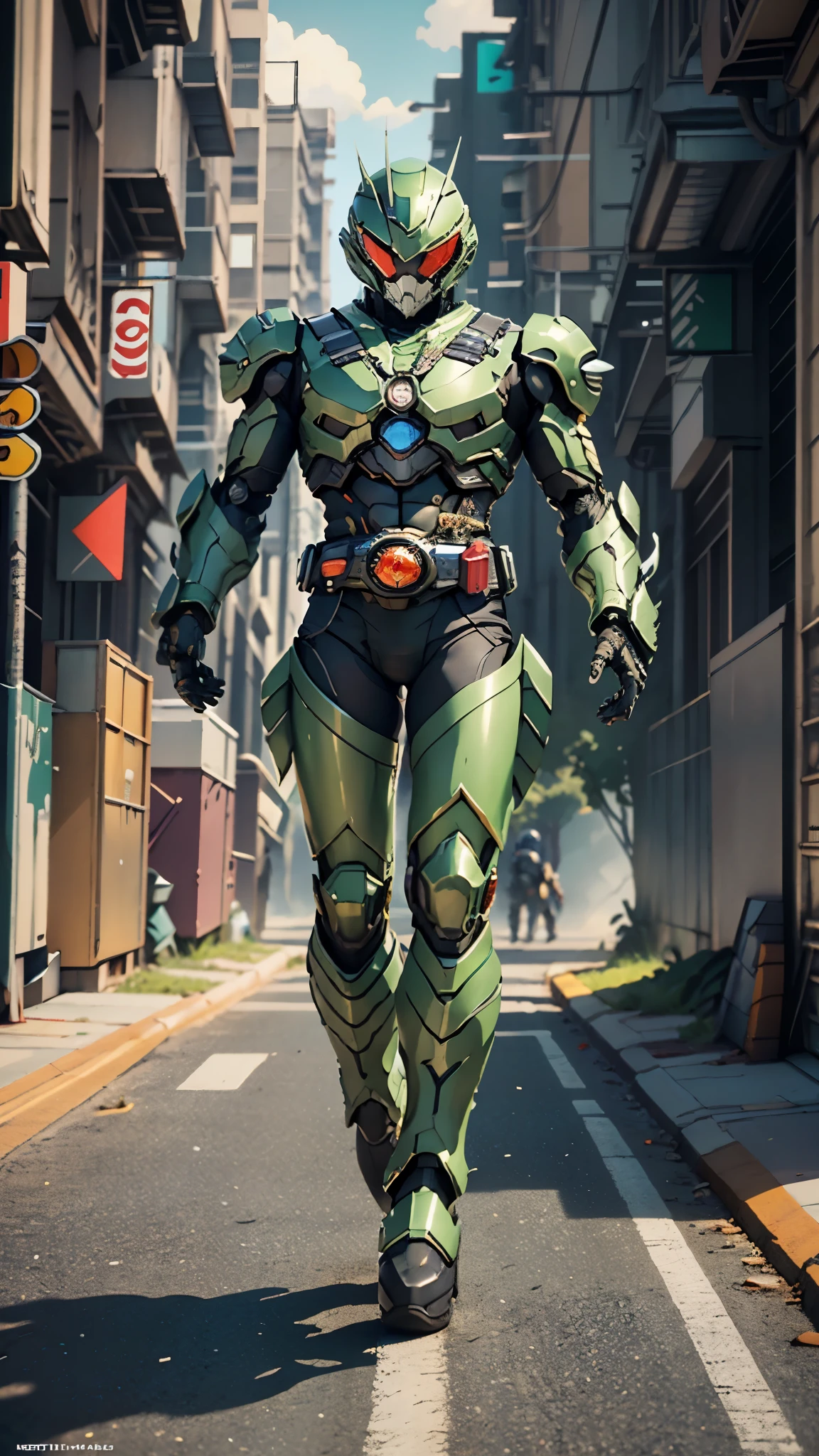 A man wearing a full-face helmet, a fantasy-style biotech armored combat suit, green eyes, (a composite layered chest armor), fully enclosed shoulder guards, matching arm and leg guards, the belt is adorned with exhaust pipes, (the color scheme is primarily black glow with green and red accents), the design balances heavy with agility, a high-tech bio-mecha armor, (Armor Concept Inspired by Cyberpunk motorcycle, stand on the top of a skyscraper in a futuristic sci-fi city), this character embodies a finely crafted fantasy-surreal style armored hero in anime style, exquisite and mature manga art style, (battle damage, element, plasma, energy, the armor glows), ((male:1.5)), metallic, real texture material, dramatic, high definition, best quality, highres, ultra-detailed, ultra-fine painting, extremely delicate, professional, perfect body proportions, golden ratio, anatomically correct, symmetrical face, extremely detailed eyes and face, high quality eyes, creativity, RAW photo, UHD, 32k, Natural light, cinematic lighting, masterpiece-anatomy-perfect, masterpiece:1.5