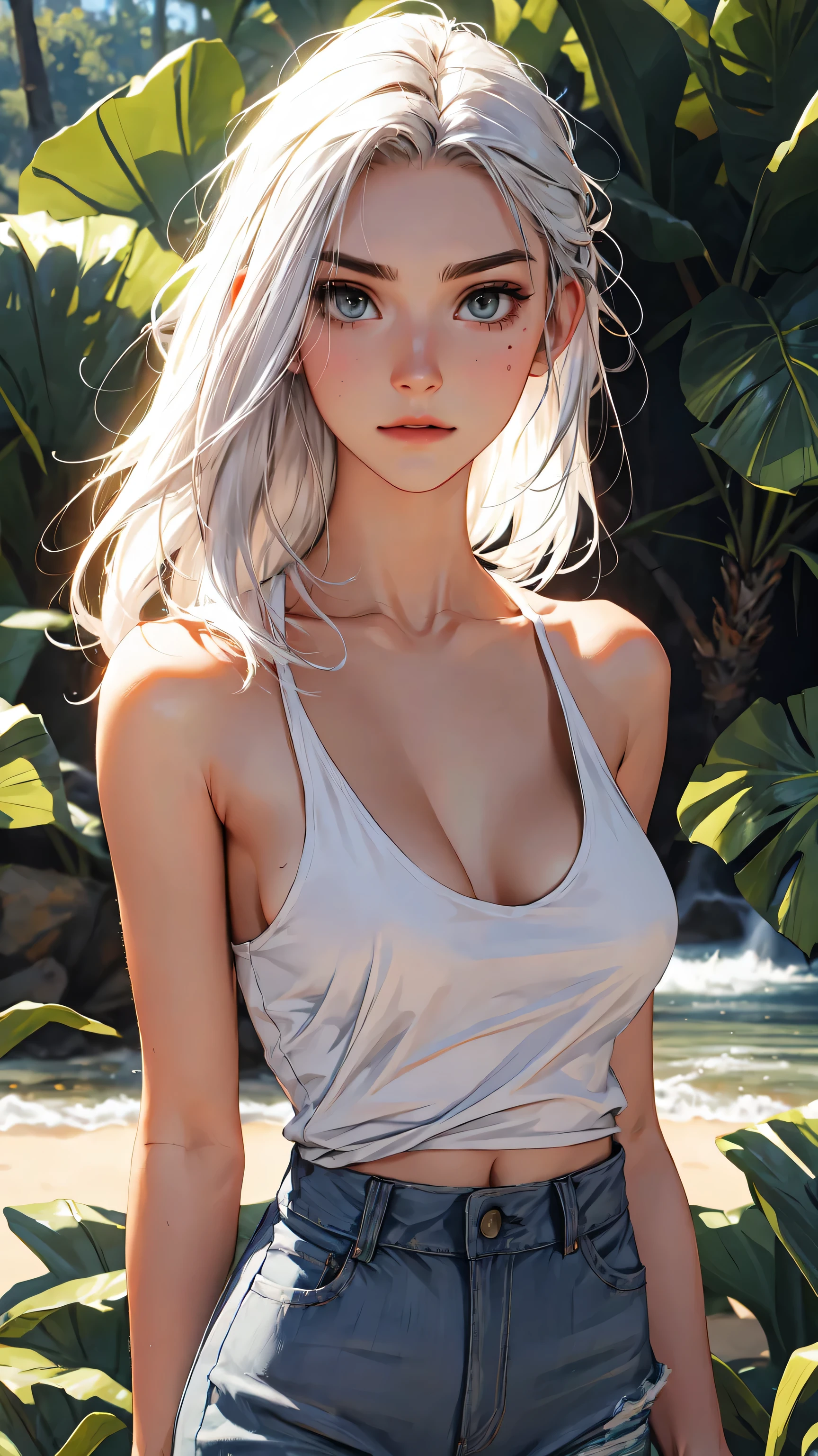 （lifelike， high - resolution：1.3）， 1 girl with a perfect body，slender body, Super fine face and eyes，assasin, dark makeup, shiny skin，white hair,  Tank top of random colors：1.2， short jeans，Expose cleavage