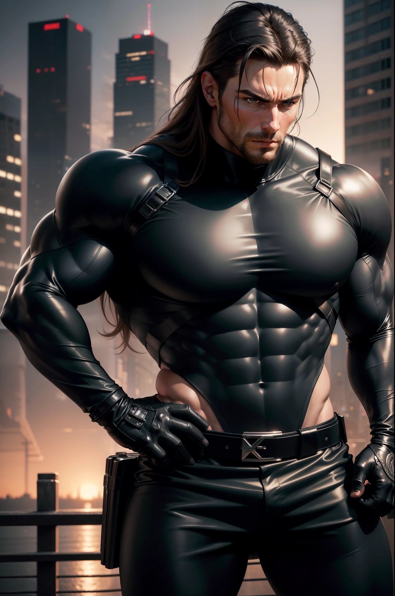 ((realistic: 1.5)),((best quality)), ((masterpiece)),((detailed)), male ninja, Vigilante, Caucasian American, handsome, photorealistic face, model length hair, attack position, ninja vigilante tactical superhero outfit, katana on the back,wearing shiny black rubber suit, leather gloves,crop top shirt, abdominal muscles visible, just outside of the city with evening cityscape in the background, huge biceps, huge muscles, muscular big body, wearing tight black rubber pants, no belt
