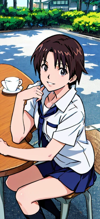 (highest quality,4K,8K,High resolution,table top:1.2), super detailed, (realistic,photorealistic,photo-realistic:1.37),((full body)),Shorthair girl, grin and laugh,She wears a uniform, white loose socks,black sneakers,beautiful and fine eyes, beautiful detailed lips, highly detailed eyes and face, long eyelashes, realistic anime 3D style, Smooth anime CG art, Digital rendering by Makoto Shinkai, Moe anime art style, photorealistic rendering of an anime girl, Shinkai Makoto style, Cute anime girl visuals, realistic young anime girl, girl fan art, Created by Anime Artist'studio of.