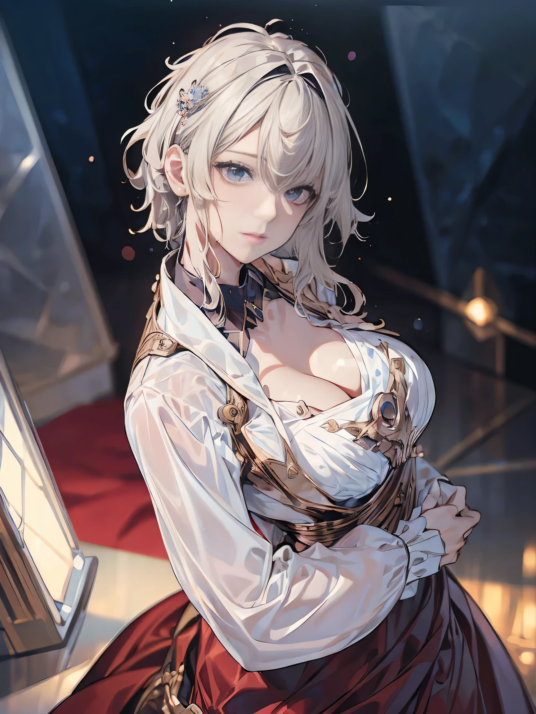 (( (masterpiece),(Very detailed CG Unity 8k wallpaper),(Bust Shot:1.5), highest quality,Cinema Lighting,Photorealistic, Detailed Background,Beautiful and beautiful eyes,Bright Eyes,(Very elegant and beautiful),(Beautifully detailed eye depiction),Very detailed,masterpiece,High resolution)), Richly decorated armor, Beautiful Female Warrior, short hair, Platinum Blonde Hair, Cleavage、Various actions、Various clothes、Red costume、Various poses、Colorful costumes