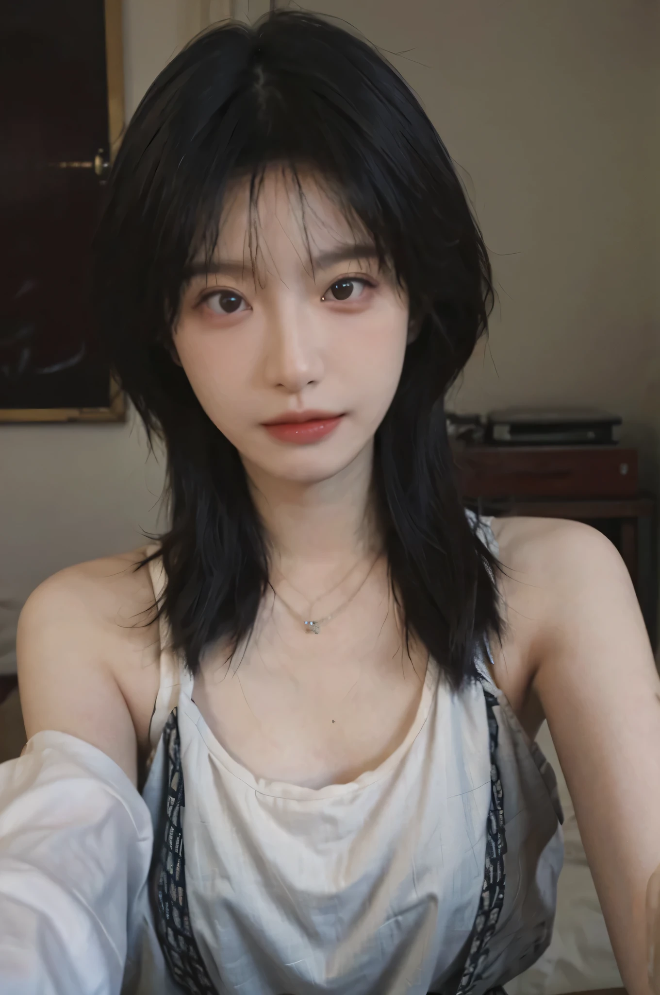 Film Portrait Photography, masterpiece,(Reality:1.4),(Selfie Angle),Beautiful and delicate face,1 girl, Bare shoulders,lipstick, Wear a necklace,Cute expression,Exquisite makeup,Suspenders,serene, calm, (Realistic and detailed eyes, Natural skin texture, Realistic facial details), Soft dramatic lighting, Depth of Field, Bokeh, Vivid details, Detailed and detailed, Surrealism, 35 mm film, hazy, best quality,