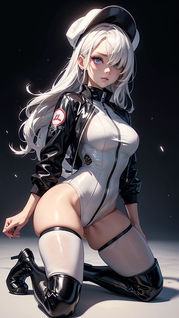 masterpiece, best quality, 4k, UHD, mishoujo, beautiful eyes and detailed face, illustration, beautiful detailed, high resolution illustration, glowing_white_particles, 1girl, white hair, light purple eye, hair over one eye, short side tail, baseball cap, expressionless, black latex jumpsuit, black jacket, black thigh high boots, kneeling