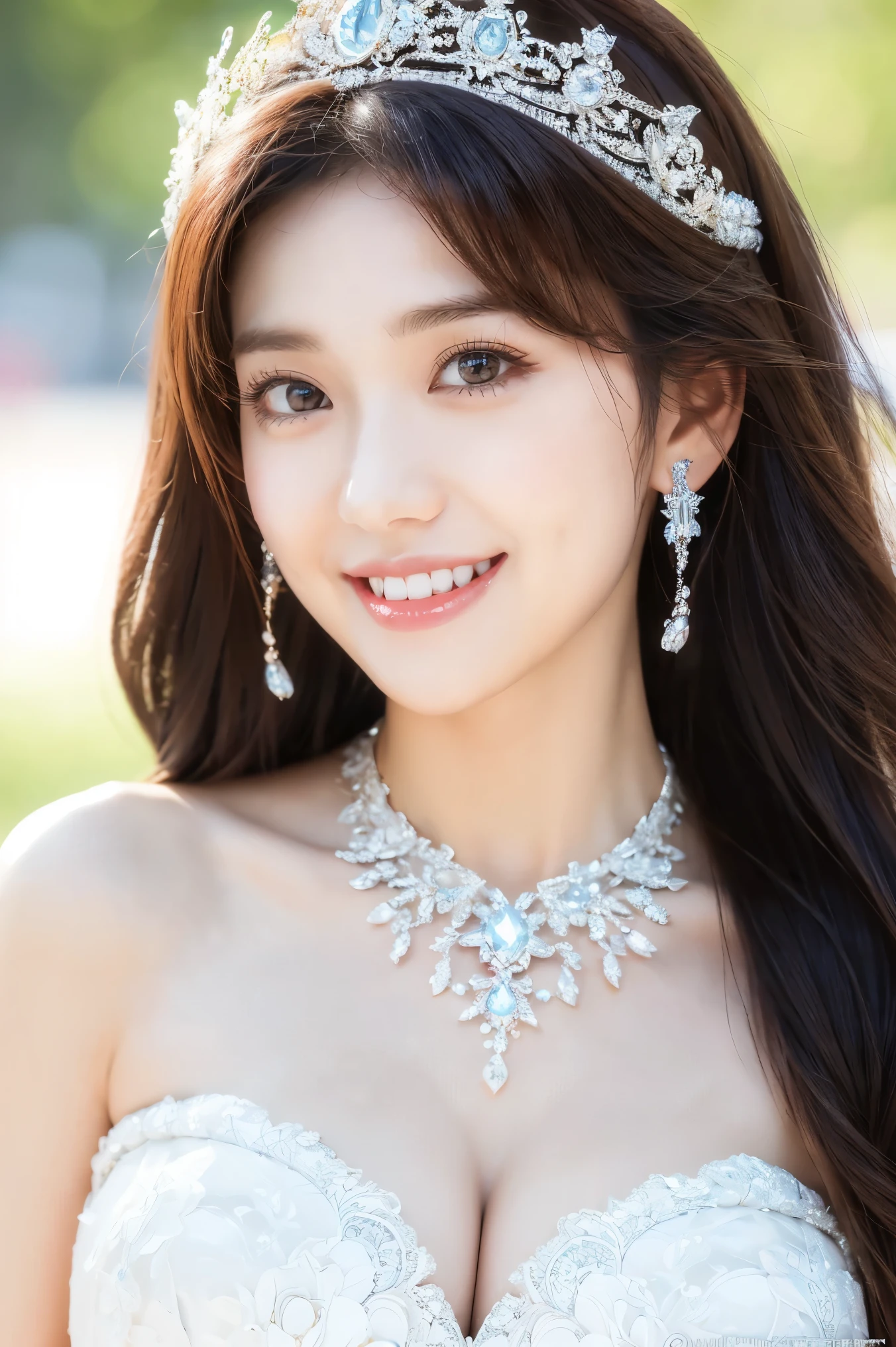 (highest quality、Tabletop、8k、Best image quality、Award-winning works)、One beautiful bride、(alone:1.1)、(The most extravagant and gorgeous huge wedding dresses:1.1)、(Perfect Wedding Lace:1.2)、(The most extravagant and luxurious giant tiara:1.1)、(The most extravagant and luxurious giant necklace:1.1)、The most beautiful smile is looking at me、A wide selection of the finest jewellery、Perfect Makeup、Long eyelashes、Ultra HD Shining Eyes、Ultra HD Hair、Ultra High Resolution Glossy Lips、Ultra High Resolution Perfect Teeth、Super high resolution beautiful face、(Accurate anatomy:1.1)、(Very bright and beautiful skin:1.2)、(very bright and vivid:1.2)、(Blurred fresh natural background:1.1)
