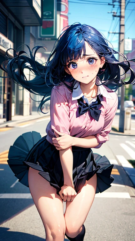 (masterpiece:1.2, top-quality), (realistic, photorealistic:1.4), beautiful illustration, (natural side lighting, movie lighting), , 
(looking at viewer), 1 girl, japanese, high school girl, perfect face, cute and symmetrical face, shiny skin, , 
(long hair, straight hair, blue hair), swept bangs, light blue eyes, drooping eyes, long eye lasher, (large breasts:0.6), five fingers, 
beautiful hair, beautiful face, beautiful detailed eyes, beautiful clavicle, beautiful body, beautiful chest, beautiful thighs, beautiful legs, 
((symmetrical clothing, pink collared shirts, black pleated skirt)), red bow tie, navy socks, 
(beautiful scenery), day time, shopping mall, (facing the front), (impatient expression, blushing cheeks, embarassed expression), (((the skirt is rolled up by the wind))), 