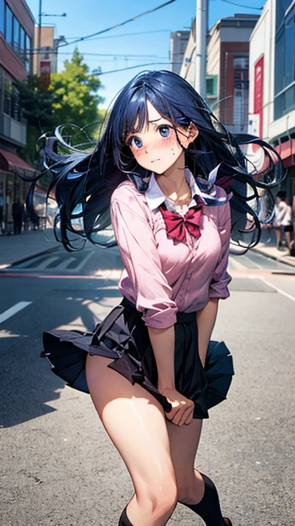 (masterpiece:1.2, top-quality), (realistic, photorealistic:1.4), beautiful illustration, (natural side lighting, movie lighting), ,
(looking at viewer), 1 girl, japanese, high school girl, perfect face, cute and symmetrical face, shiny skin, ,
(long hair, straight hair, blue hair), swept bangs, light blue eyes, drooping eyes, long eye lasher, (large breasts:0.6), five fingers,
beautiful hair, beautiful face, beautiful detailed eyes, beautiful clavicle, beautiful body, beautiful chest, beautiful thighs, beautiful legs,
((symmetrical clothing, pink collared shirts, black pleated skirt)), red bow tie, navy socks,
(beautiful scenery), day time, shopping mall, (facing the front), (impatient expression, blushing cheeks, embarassed expression), (((the skirt is rolled up by the wind))),