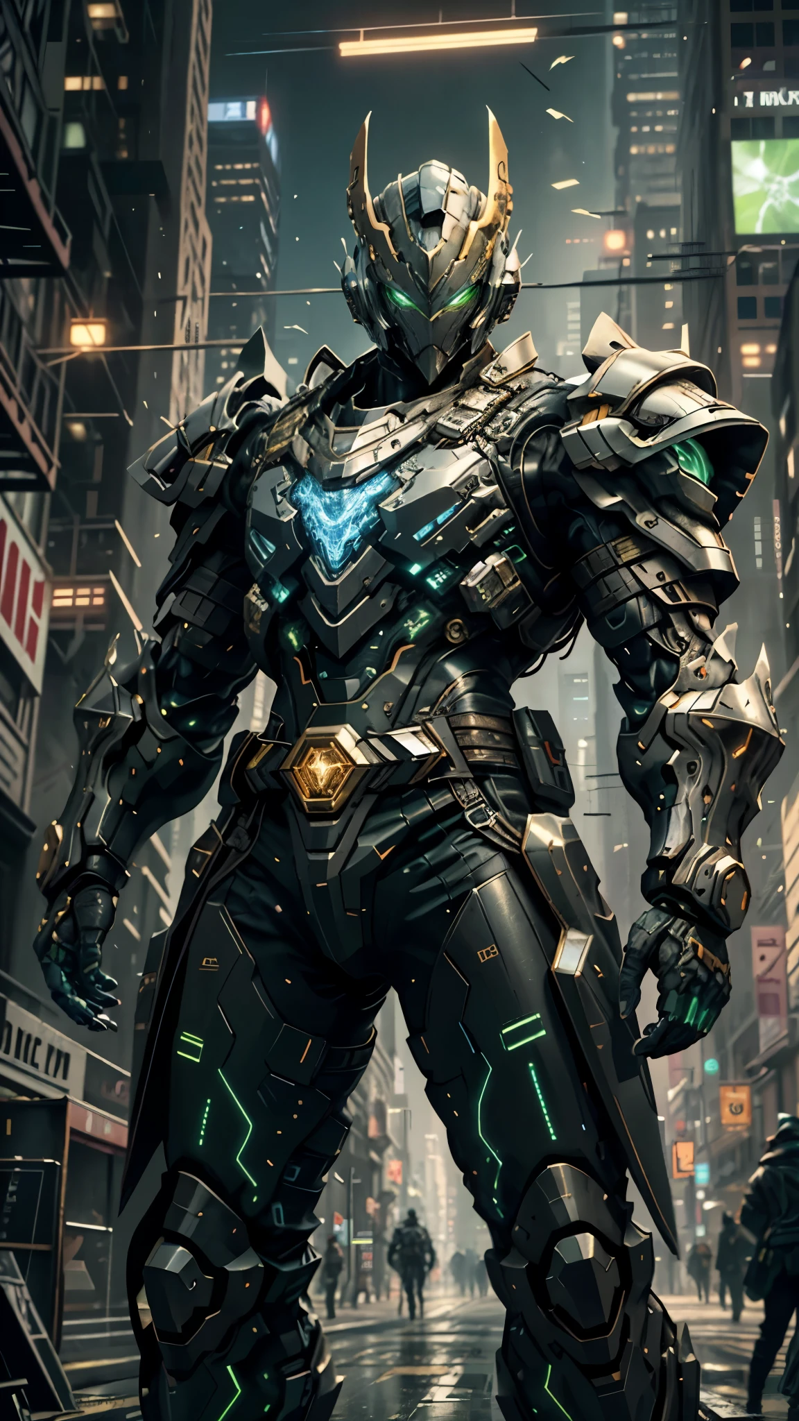 A man wearing a full-face helmet, a fantasy-style biotech armored combat suit, green eyes, (a composite layered chest armor), fully enclosed shoulder guards, matching arm and leg guards, the belt is adorned with exhaust pipes, (the color scheme is primarily black glow with green and red accents), the design balances heavy with agility, a high-tech bio-mecha armor, (Armor Concept Inspired by Cyberpunk motorcycle, stand on the top of a skyscraper in a futuristic sci-fi city), this character embodies a finely crafted fantasy-surreal style armored hero in anime style, exquisite and mature manga art style, (battle damage, element, plasma, energy, the armor glows), ((male:1.5)), metallic, real texture material, dramatic, high definition, best quality, highres, ultra-detailed, ultra-fine painting, extremely delicate, professional, perfect body proportions, golden ratio, anatomically correct, symmetrical face, extremely detailed eyes and face, high quality eyes, creativity, RAW photo, UHD, 32k, Natural light, cinematic lighting, masterpiece-anatomy-perfect, masterpiece:1.5