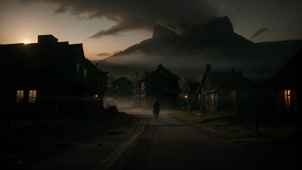 Abandoned town of Hallow's End at dusk, enveloped in mist.
Action: Catherine, armed with a flashlight and a camera, drives into the deserted streets. Shadows cast by the setting sun create eerie shapes that dance with the wind.