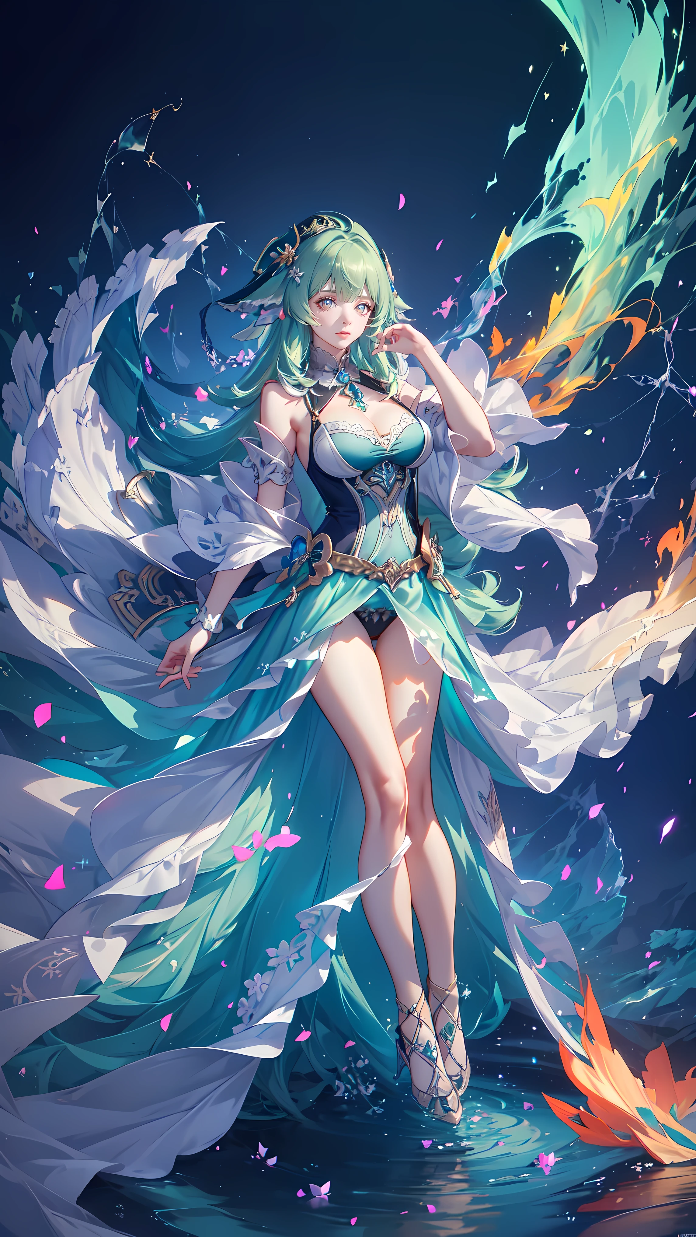 (((FULL BODY POSE))) (((SHOW PANTIES))) (((BIG GIANT BOOBS))) (((GREEN HAIR))) ((GOOD FINGER, ANATOMY CORRECTED)) (((GREENLUXURY ARISTOCRATIC NOBLE COSTUME WITH FOX FUR TAILS))) | A WOMEN WEAR ((SEXY OUTFIT)) FLOATING IN THE WATER ((BLUE SKY BACKGROUND)) ((FLOWER PETALS FAILING BACKGROUND IS A BLUE SKY)))) HORIZON PLANET FULL OF (((STARS))) | big eyes, ((big boobs)) sexy pose, big thigh, full body, large breasts, open legs, show panties, smile, portrait knights of zodiac, extremely detailed ((pixiv arts)), high detailed official artwork, [ tarot card ]!!!!!, detailed key anime art, knights of zodiac anime, beautiful celestial mage, firefly from honkai star rails, full body | (dynamic angle:1.1), outline, ((thick line art)), cover, stylish, official art, (details:1.2), (fantasy), garden, (bloom:1.1), glow:0.2, shadow, nature, flower, splash water, crystal, snowflakes, particles, bokeh, anamorphic light (depth of field), sharp focus, (volumetric lighting), (bokeh:0.6), film grain:0.4, (soft lighting:1.1) (VIGNETTE:1) | high-quality, ultra-detailed illustrations, ultra-high resolution, (high resolution, overwhelmingly pixel-perfect, luxurious illustration), (Ultra Quality, Masterpiece, Ethereal:1.4) photorealistic:.1.4, UHD (8k, RAW photo, best quality, masterpiece:1.2)