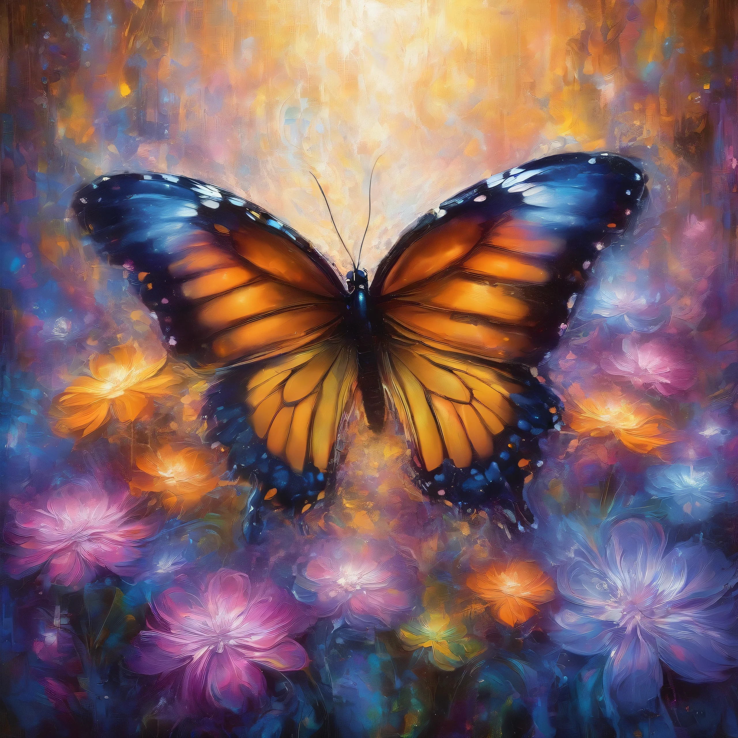 A beautiful, vibrant butterfly emerges from its chrysalis, its wings unfurling in the golden glow of twilight. The delicate creature dances through the air, its iridescent colors shimmering in the soft light. Oranges and purples blend together, creating a breathtaking contrast against the bright blooms surrounding it. This fleeting moment is captured in stunning detail, with a sense of cosmic wonder and surreal beauty. The butterfly's movement is frozen in time, a vibrant spark of life against a backdrop of tranquility. Masterful digital painting techniques, inspired by the styles of renowned artists like Mark Brooks, Frank Frazetta, and David Mann, bring this scene to life with a level of realism and hyperdetail that is truly captivating.