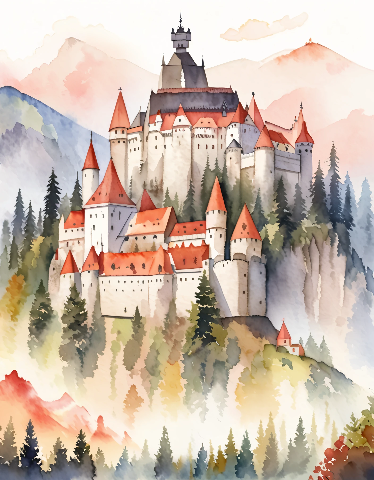 Bran Castle, Romanian castle, Dracula's Castle, Legends and mysteries, Mountain top, Watercolor:1.2, Whimsical and delicate, Like an illustration in a children's book, Gentle brushwork, Dim, The pale colors create a fantastical look.