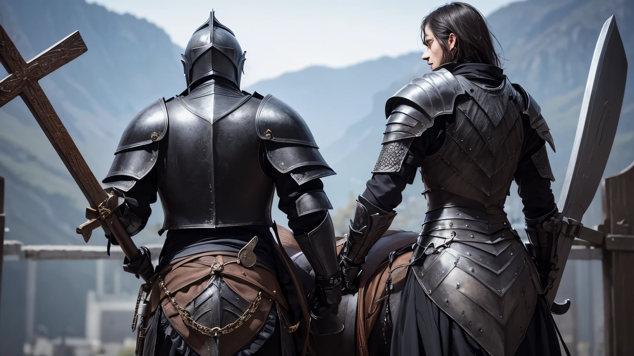 A knight, Black Armor, Back , Holding a large cross,