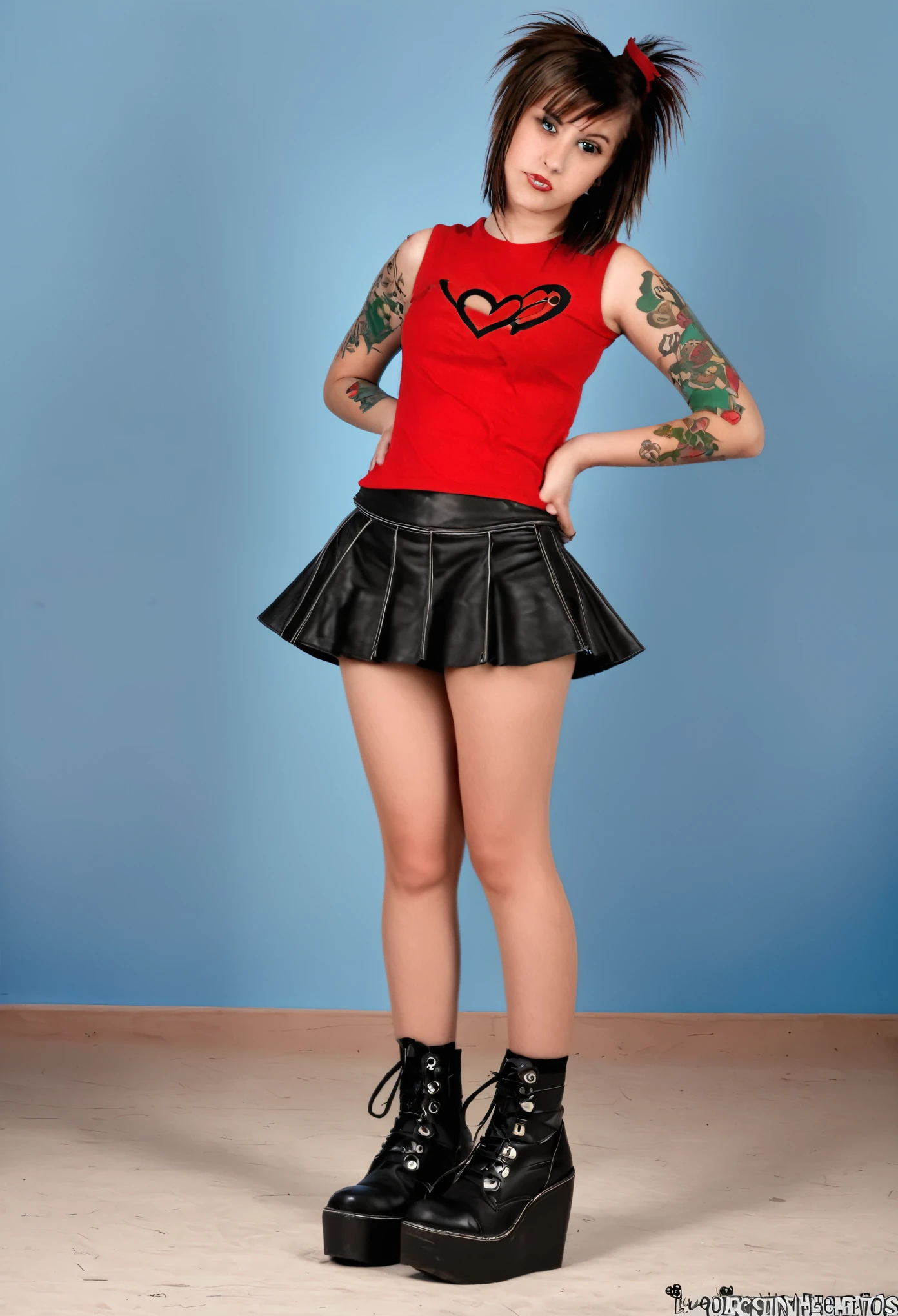 teenager with red top,short black skirt tattoos one with a rocker heart,heart of spikes and one of hearts,Brown hair,ojos verdes,botas rojas y calcetines grandes fuera del zapato que lo cubre y sacando el dedo del medio