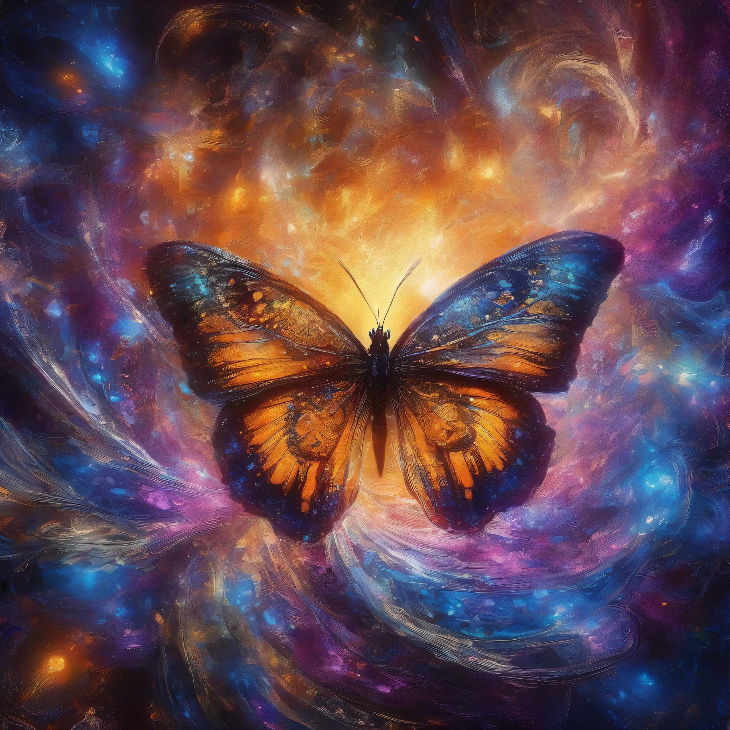 A beautiful, vibrant butterfly emerges from its chrysalis, its wings unfurling in the golden glow of twilight. The delicate creature dances through the air, its iridescent colors shimmering in the soft light. Oranges and purples blend together, creating a breathtaking contrast against the bright blooms surrounding it. This fleeting moment is captured in stunning detail, with a sense of cosmic wonder and surreal beauty. The butterfly's movement is frozen in time, a vibrant spark of life against a backdrop of tranquility. Masterful digital painting techniques, inspired by the styles of renowned artists like Mark Brooks, Frank Frazetta, and David Mann, bring this scene to life with a level of realism and hyperdetail that is truly captivating.