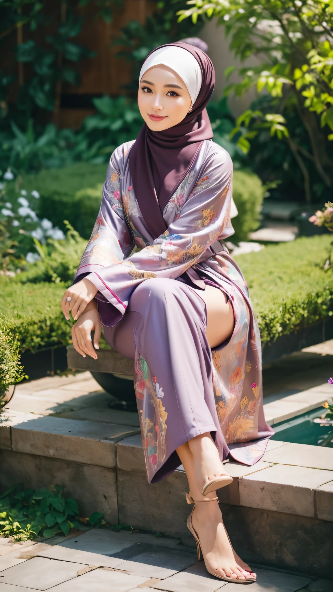 a Malay woman, wearing a hijab, modern robe, sitting in a garden, 8k