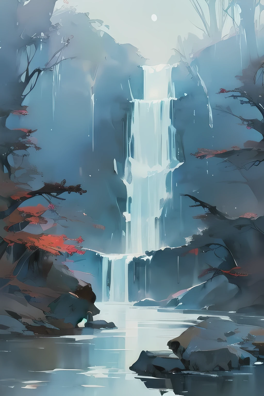 Watercolor Landscape, Frozen waterfall in a snowy landscape,Moonlight