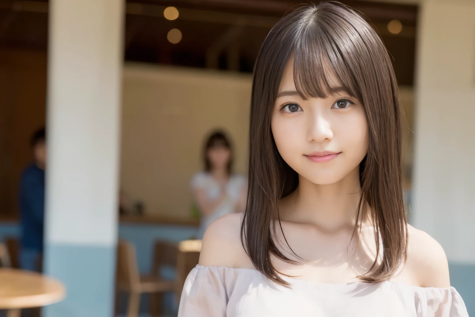 super high quality, short hair, thin, Photography Sculpture, The staff is working at the counter in the back.., (8k、RAW Photos、highest quality、masterpiece:1.2), Japanese Idols, Shaggy, People having fun at the cafe々Bustling with., (Realistic、Realistic:1.37), Mesh Hair, Urban Cafe, Golden Ratio, RAW Photos, Cute Face , Light brown hair, Small breasts, Blurred Background, Spring Clothes, Well designed furniture, Beautiful hairstyle, Spoiled, Cafe Terrace, Open Cafe, 20-year-old, 優しいsmile, Hair blowing in the wind, Dress neatly,
若い日本人女性のattractive視線.
The transparency of a pink and cyan off-shoulder shirt dress, With a light background, Expressing the silence of the night. Hairpiece, Beautiful fantasy world scene, Lens flare, Tilt-shift effect. The atmosphere of photos taken with the OLYMPUS OM-D E-M5 Mark III、16 years oldの少女.、smile、smile、LOL、、((No makeup))、(Realisticな、Photorealistic、Ultra-detailed、Best detailed skin、highest quality、masterpiece、超A high resolution)、Cute Japanese Woman、16 years old、High school girl、Young girl、1 girl、Has bangs、double eyelid、Drooling eyes、Big black eyes、attractive、purity、かわいいsmile、自然なsmile、Watch it here、Realisticな肌タイプ、Fluffy hair、Red cheeks、The wind is blowing、illumination、The light is coming from behind、Medium Bob Cut