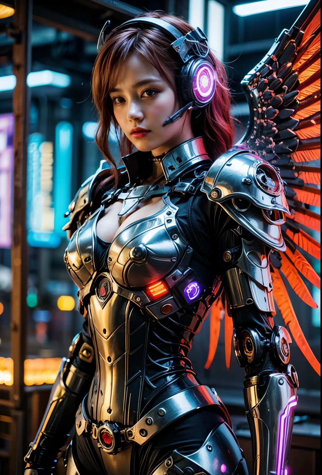 (top-quality:1.2, masterpiece)、ultra high resolution、extremely ultra surrealism, (Photorealsitic:1.4)、Raw photo、(Steampunk Battle Cyborg fallen angel)、large wings made of metal、black porcelain body、red  hair、glowy skin、1 Cyborg girl、(mechanical frame:1.3)japanese, extremely cute face,  ((super realistic details))、portrait、globalillumination、Shadow、octan render、8K、ultrasharp、character edge light、Details of complex ornaments、Acrylic Clear Cover、Sumerian details、Hydraulic cylinder、Small LED lamp、highly intricate detail、Realistic light、a purple eye、radiant eyes、Facing the camera、neon details、cowboy  shot、Futuristic headgear、About Cyberpunk