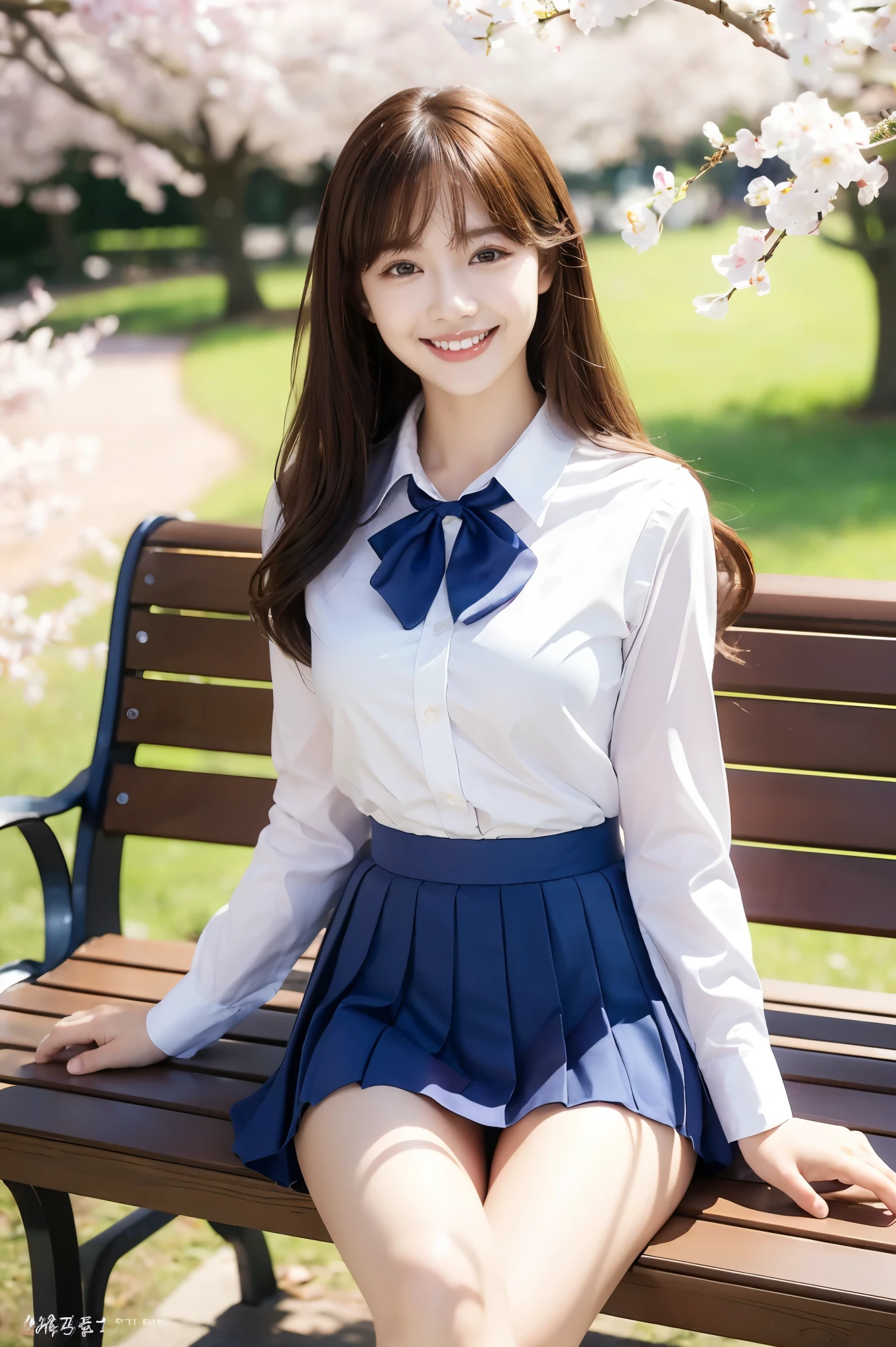 (highest quality、Tabletop、8k、Best image quality、Award-winning works)、1 high school girl、、(alone:1.1)、Perfect beautiful composition、(Big Breasts:1.2)、(Accentuate your body lines:1.1)、(Voluptuous body:1.1)、(Perfect and accurate polyester shirt:1.1)、(Navy Pleated Skirt:1.1)、(uniform ribbon on chest:1.1)、(sitting on a park bench:1.1)、(Thick legs:1.2)、(One of the most natural and perfect benches:1.2)、(The most accurate bench, Perfectly crafted:1.1)、(The biggest smile is looking at me:1.1)、(Smiling with perfect beautiful teeth:1.1)、(Beautiful park background with strong blur:1.1)、The most natural and perfect beauty park、Perfectly maintained park、Natural Makeup、(美しいThick legs:1.2)、Ultra-high definition beauty face、Ultra HD Hair、Ultra HD Shining Eyes、(Ultra-high resolution glossy skin:1.1)、Super high quality glossy lip、(Accurate anatomy:1.1)、(very bright and vivid:1.1)、Cherry tree in the distance、(Perfect and precise hands:1.1)