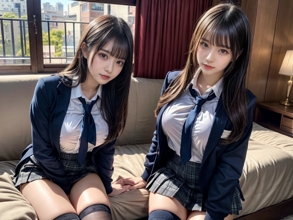 (8K, Raw photography, top-quality, masterpiece:1.2), master piece, best quality, illustration, Super detailed, fine details, High resolution, 8K,wall paper, perfect dynamic composition,(Details High quality, realistic depiction of eyes:1.3), ((2 girls, 2 schoolgirls)), The background is a luxury hotel room、High school girl uniform、blazer 、Super Short Check Uniform Skirt、Navy blue high socks、garterbelts、Colossal tits、Disturbed uniform, Play with each other,Touching each other's bodies,Touching the body of the girl next door, short bob hair, black hair color, huge breasts, Big Natural Color Lip, bold sexy pose, (perfect body shape), crying a little、cold gaze, Beautiful makeup,glitter makeup,Cutest 18 years old, beautiful legs, hposing Gravure Idol, Voluptuous thighs