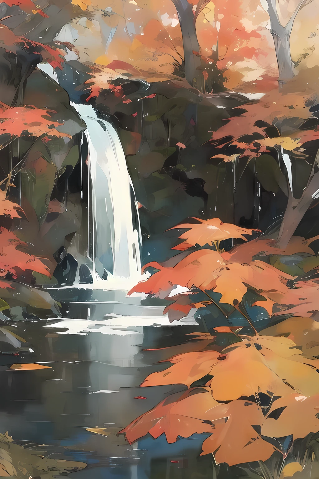 Watercolor Landscape, Fall Foliage Colors the Fall Waterfall