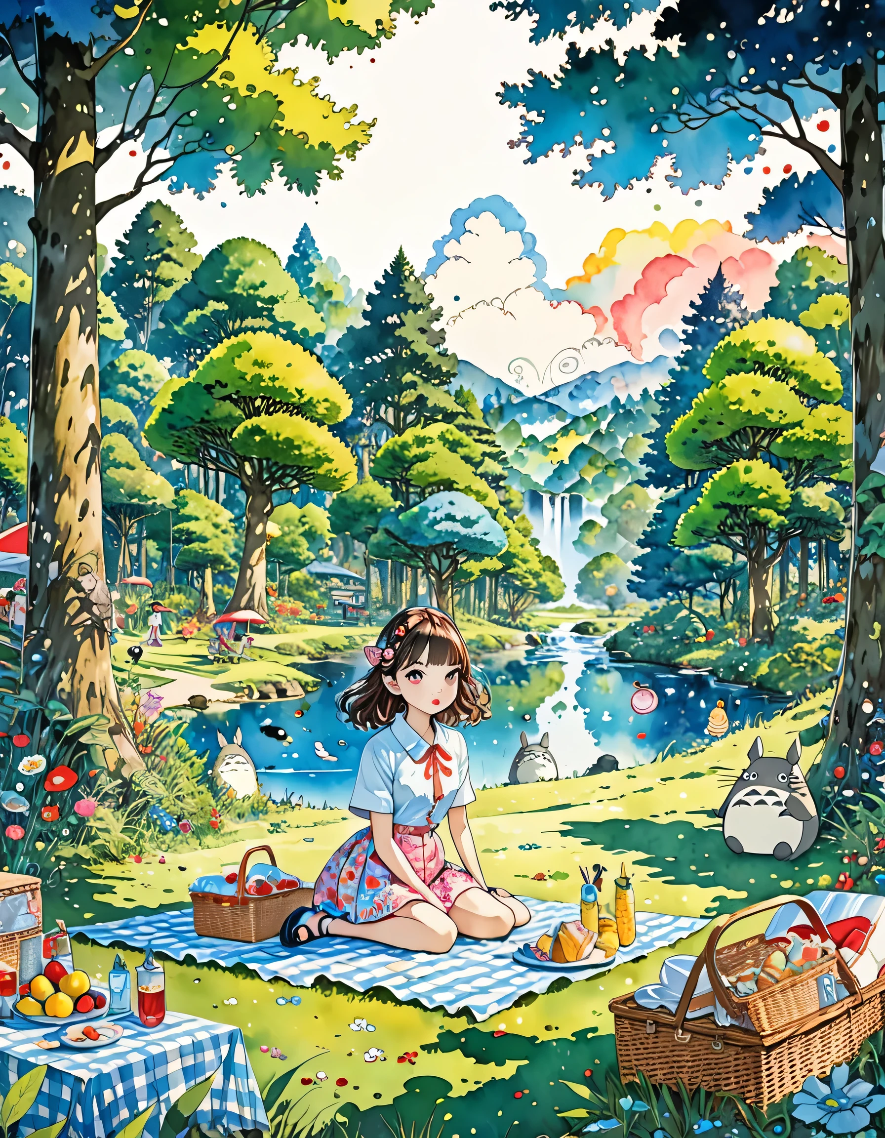Takashi Murakami Style、(((stylish fashion))), 8K Quality、Intense watercolor, Detailed watercolor art, Watercolor splash, Surreal, avant-garde pop art, Beautiful and expressive paintings, Beautiful artwork illustration, Very colorful tones, wonderful, Cool beauty, highest quality、Official Art, Vector art, Stylish design, (((The most beautiful girl))), (((chibi))), (((picnic))), (((highest quality))), HDR, ((detailed)), (((Doodle Art)), ((masterpiece)), ((Super detailed)), (((Stylish))), (Totoro Forest)