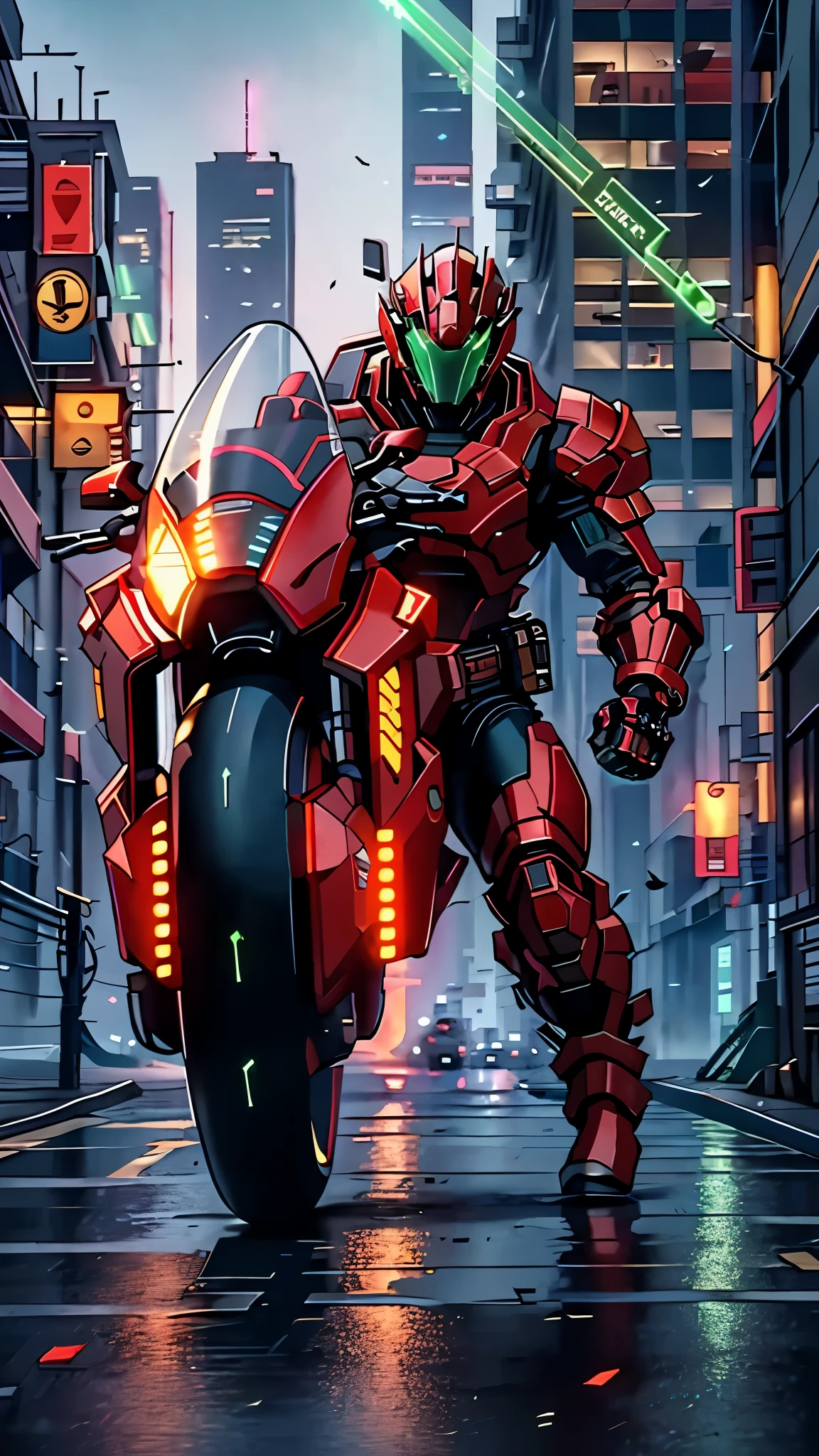 A man wearing a full-face helmet, a fantasy-style biotech armored combat suit, green eyes, (a composite layered chest armor), fully enclosed shoulder guards, matching arm and leg guards, the belt is adorned with exhaust pipes, (the color scheme is primarily black glow with green and red accents), the design balances heavy with agility, a high-tech bio-mecha armor, (Armor Concept Inspired by Cyberpunk motorcycle, stand on the top of a skyscraper in a futuristic sci-fi city), this character embodies a finely crafted fantasy-surreal style armored hero in anime style, exquisite and mature manga art style, (battle damage, element, plasma, energy, the armor glows), ((male:1.5)), metallic, real texture material, dramatic, high definition, best quality, highres, ultra-detailed, ultra-fine painting, extremely delicate, professional, perfect body proportions, golden ratio, anatomically correct, symmetrical face, extremely detailed eyes and face, high quality eyes, creativity, RAW photo, UHD, 32k, Natural light, cinematic lighting, masterpiece-anatomy-perfect, masterpiece:1.5