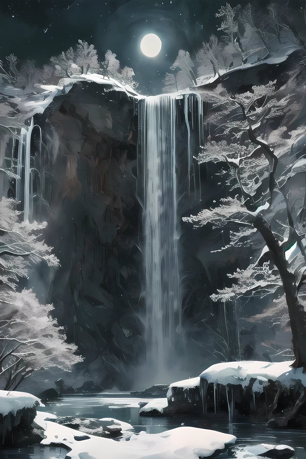 Watercolor Landscape, Frozen waterfall in a snowy landscape,Moonlight