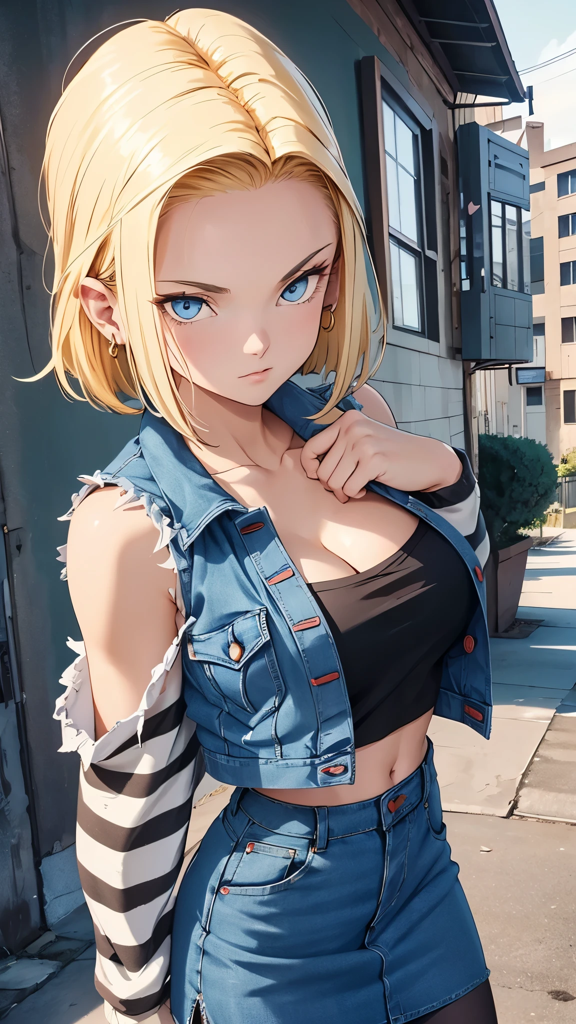 cleavage, best quality, highres, and18, 1girl, android 18, solo, blonde hair, blue eyes, short hair, earrings, jewelry, denim vest, open vest, black pantyhose, black shirt, denim skirt, striped long sleeves, blue skirt, medium breasts, cowboy shot, street, (Externally expanded Chest:1.2), (Strapless:1.2), off-the-shoulder