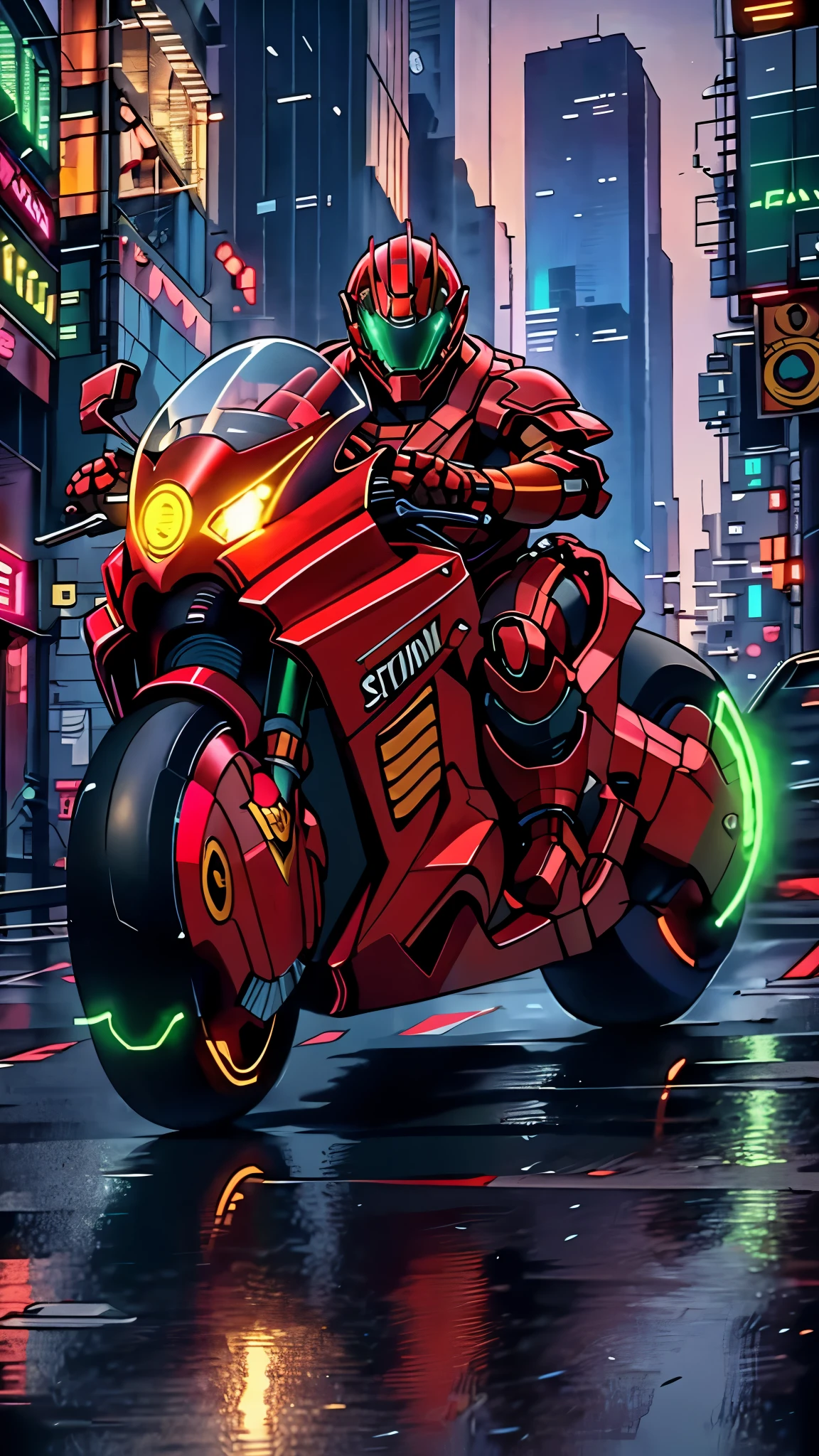 A man wearing a full-face helmet, a fantasy-style biotech armored combat suit, green eyes, (a composite layered chest armor), fully enclosed shoulder guards, matching arm and leg guards, the belt is adorned with exhaust pipes, (the color scheme is primarily black glow with green and red accents), the design balances heavy with agility, a high-tech bio-mecha armor, (Armor Concept Inspired by Cyberpunk motorcycle, stand on the top of a skyscraper in a futuristic sci-fi city), this character embodies a finely crafted fantasy-surreal style armored hero in anime style, exquisite and mature manga art style, (battle damage, element, plasma, energy, the armor glows), ((male:1.5)), metallic, real texture material, dramatic, high definition, best quality, highres, ultra-detailed, ultra-fine painting, extremely delicate, professional, perfect body proportions, golden ratio, anatomically correct, symmetrical face, extremely detailed eyes and face, high quality eyes, creativity, RAW photo, UHD, 32k, Natural light, cinematic lighting, masterpiece-anatomy-perfect, masterpiece:1.5