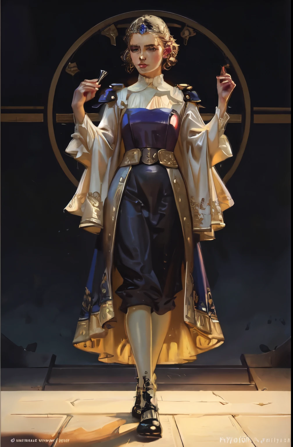 (masterpiece, best quality), (original:1.2), beautiful clean face, shiny hair, lustrous skin, solo, looking at viewer, hime cut, Leyendecker, full body, photorealistic, hyperdetailed, intricate details, high definition, dramatic lighting, vibrant colors, cinematic composition, digital painting, concept art