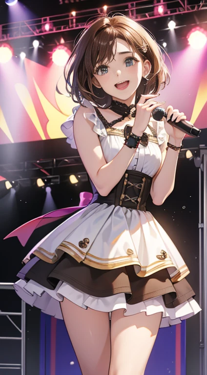 (Best Quality,4K,High resolution), 18yo woman, Brown Hair Mesh Hair,a short bob , Comical appearance,stage,Idol,Let's sing together today,Even if you dream, Dreaming, Laughing, If you have a dream,Lasts forever