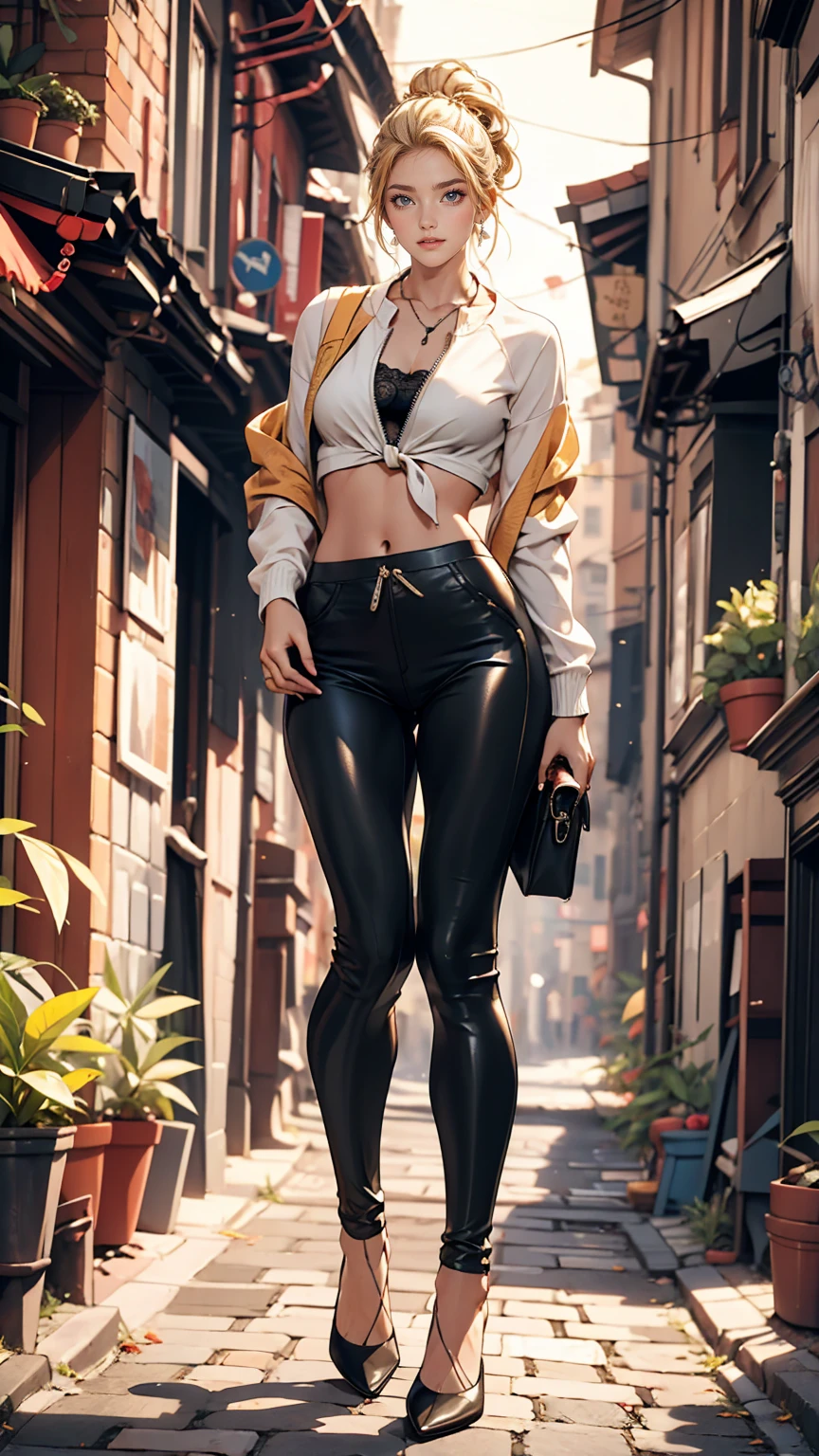 A 22-year-old extremely beautiful white woman、Supermodel proportions、Hair color blonde、blue eyeedium Hair、Straight Hair、Hair pulled up and tied back((hair pulled back))、Wear a high-neck zipper-up top decorated with lace、Lower milk visible、Navel visible、Large chest、Narrow waist、Wear leggings、Wear high heels、In a cobblestone alley of the old town、smile