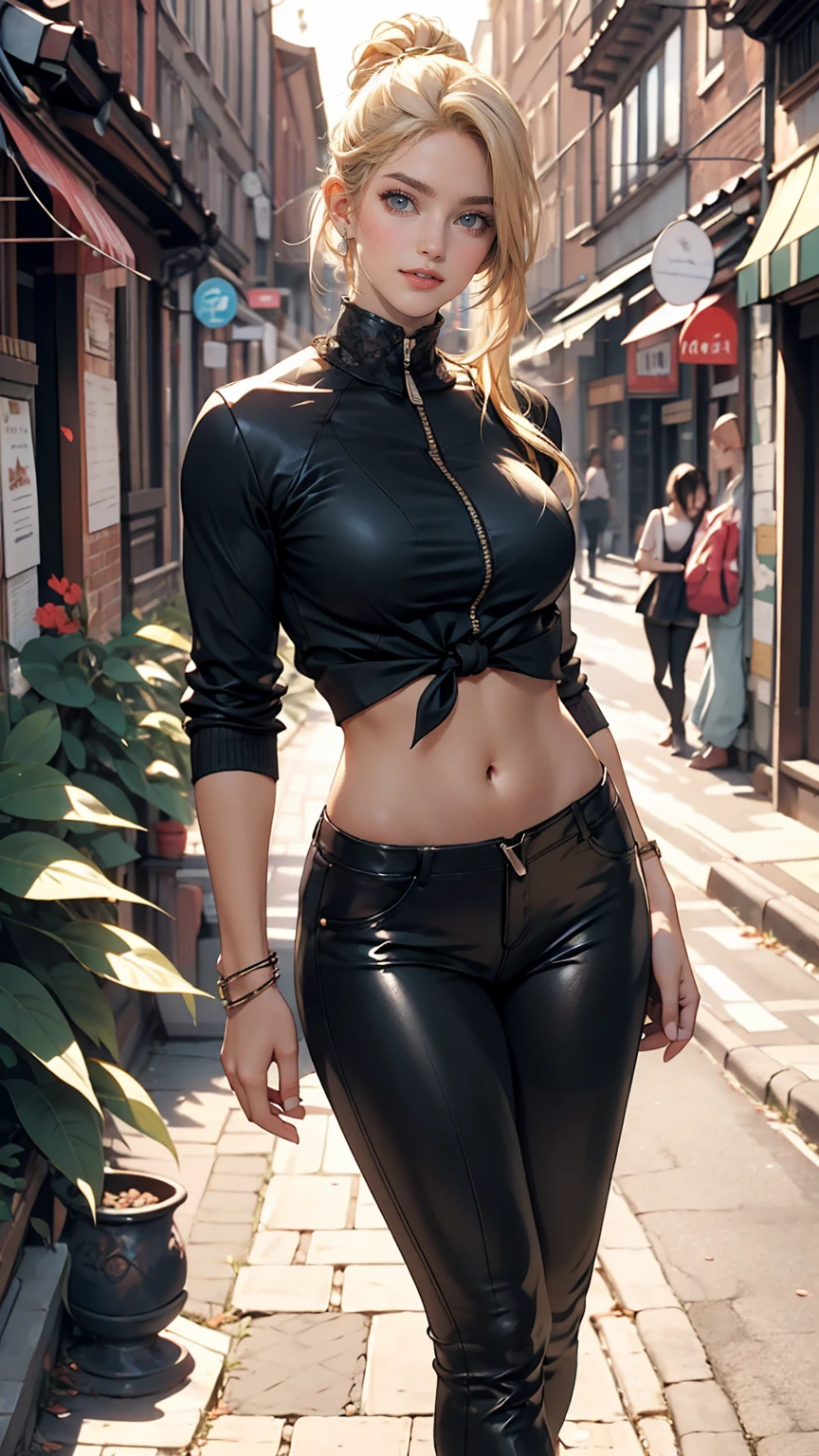 A 22-year-old extremely beautiful white woman、Supermodel proportions、Hair color blonde、blue eyeedium Hair、Straight Hair、Hair pulled up and tied back((hair pulled back))、Wear a high-neck zipper-up top decorated with lace、Lower milk visible、Navel visible、Large chest、Narrow waist、Wear leggings、Wear high heels、In a cobblestone alley of the old town、smile