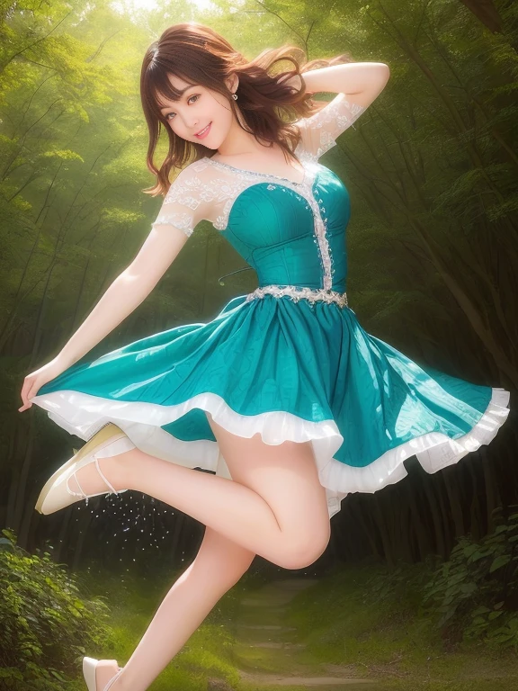 Photo-realistic quality、Image of a woman in a dress jumping into the air on a forest path, 20Cute playful pose of an old dancer, Casual pose, Slim girl model photo, Cute Japanese Woman、She is dancing.looking at the camera、Detailed and beautiful eyes、20Age idol、Beautiful Model、Cute Smile
