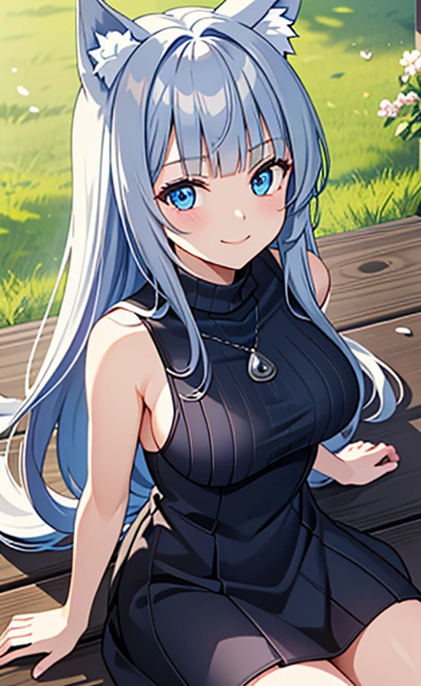 (masterpiece:1.4、top-quality、illustration)、(character focus、,cowboy shot:1.3)、(from above:1.4),(1girl),(forced smile:1.3),(Beautiful eyes:1.4),cute face,blue eyes、(tareme:1.3)、(fox ears,fox tails),
),(sitting:1.4),、(),(),
(blue grey hair),(long hair:1.5)、
,(meadow:1.3),(sleeveless turtleneck dress:1.5),
(blunt bangs),(sidelocks:1.3), (large breasts)、
、slender、