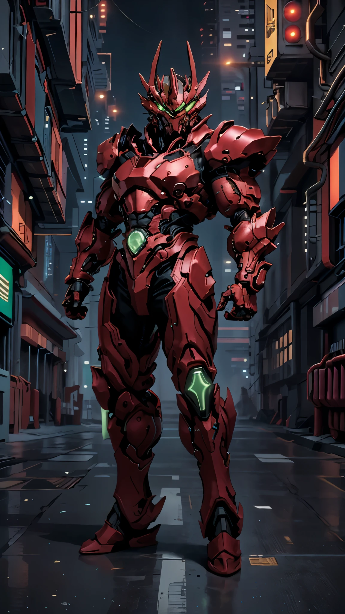 A man wearing a full-face helmet, a fantasy-style biotech armored combat suit, green eyes, (a composite layered chest armor), fully enclosed shoulder guards, matching arm and leg guards, the belt is adorned with exhaust pipes, (the color scheme is primarily black glow with green and red accents), the design balances heavy with agility, a high-tech bio-mecha armor, (Armor Concept Inspired by Cyberpunk motorcycle, stand on the top of a skyscraper in a futuristic sci-fi city), this character embodies a finely crafted fantasy-surreal style armored hero in anime style, exquisite and mature manga art style, (battle damage, element, plasma, energy, the armor glows), ((male:1.5)), metallic, real texture material, dramatic, high definition, best quality, highres, ultra-detailed, ultra-fine painting, extremely delicate, professional, perfect body proportions, golden ratio, anatomically correct, symmetrical face, extremely detailed eyes and face, high quality eyes, creativity, RAW photo, UHD, 32k, Natural light, cinematic lighting, masterpiece-anatomy-perfect, masterpiece:1.5